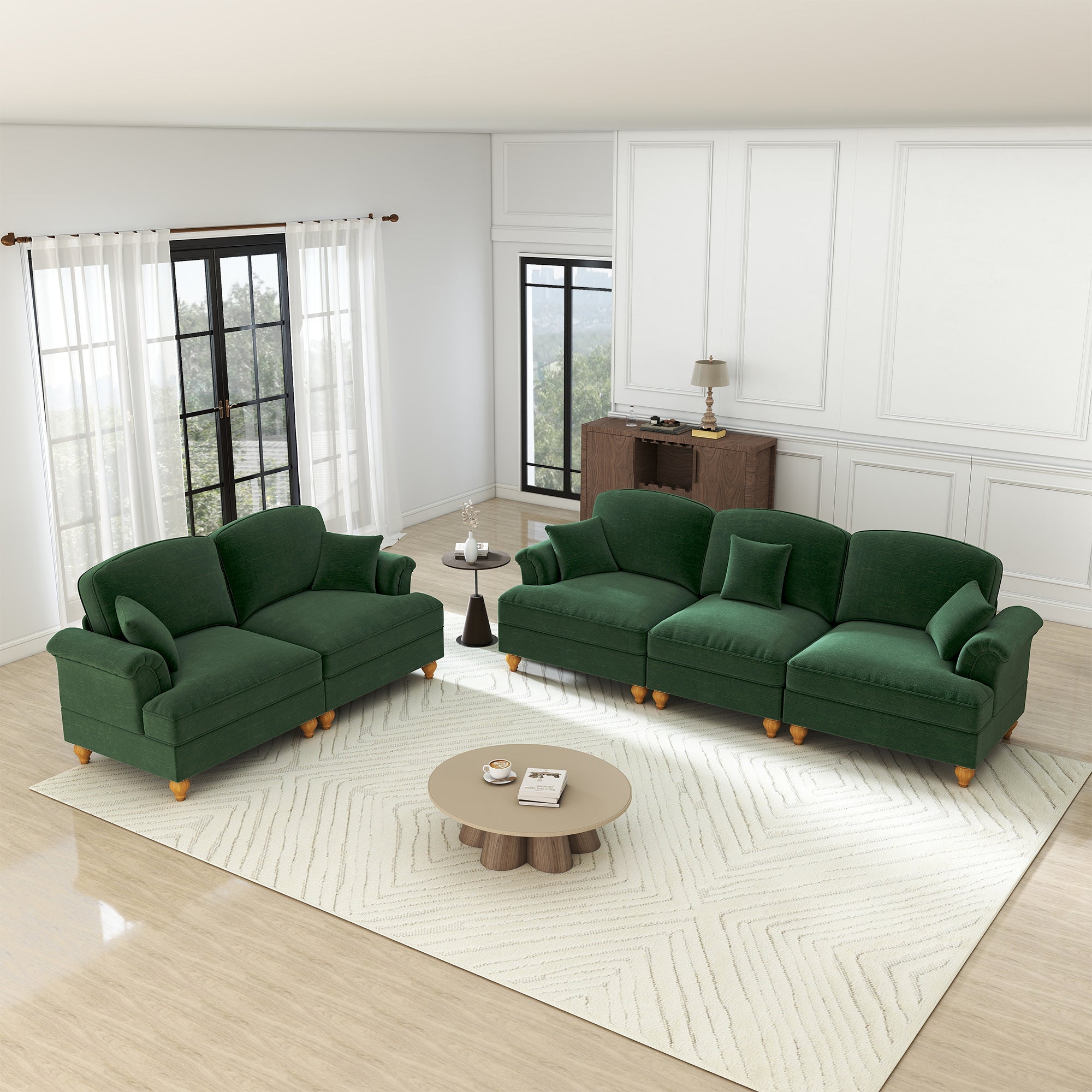 Classic 2-Piece Modular Sofa Set 3-Seater & 2-Seater Loveseat Ruffled Spindle Legs - Chenille Green