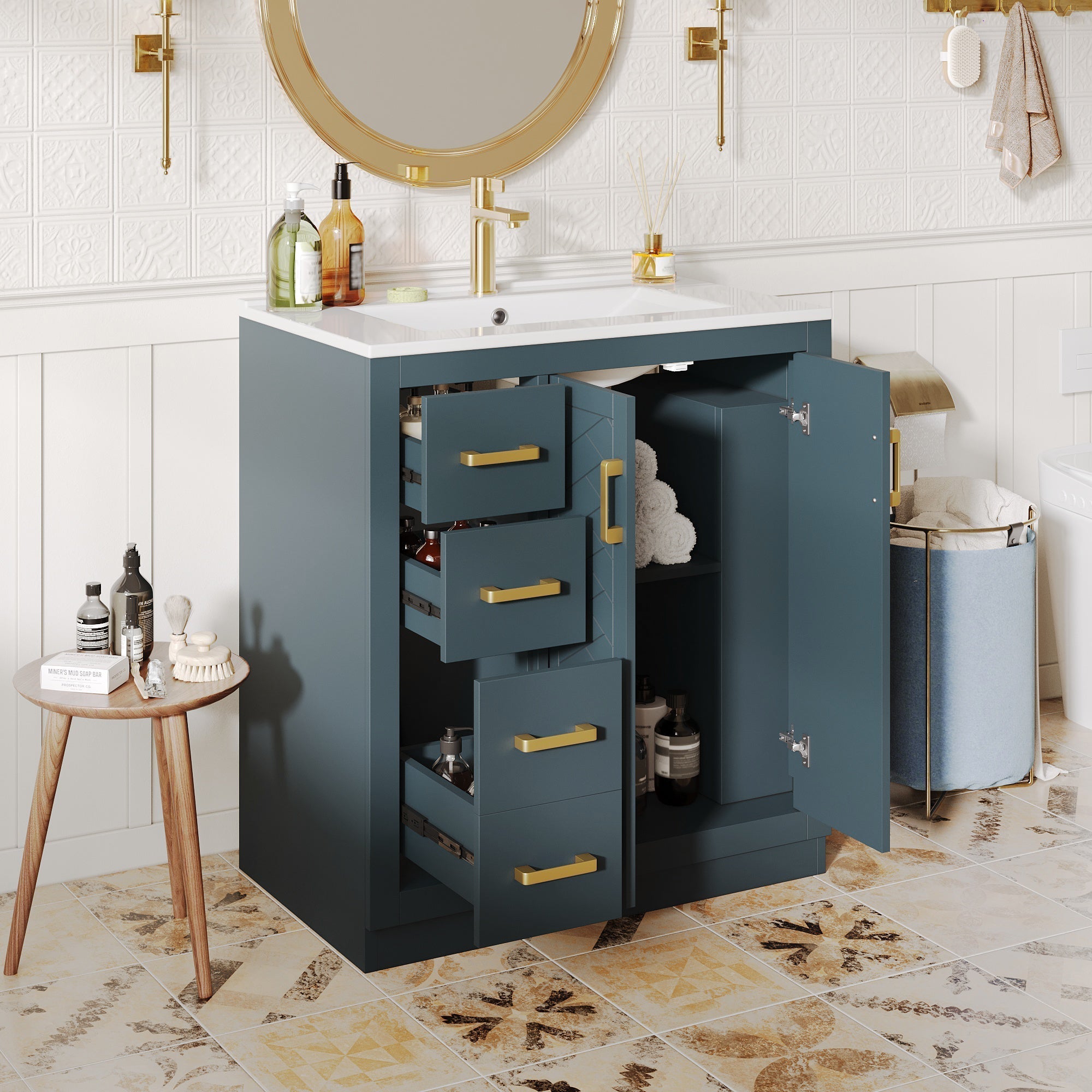 Bathroom Vanity Unit with Ceramic Sink and 3 Drawers, Blue