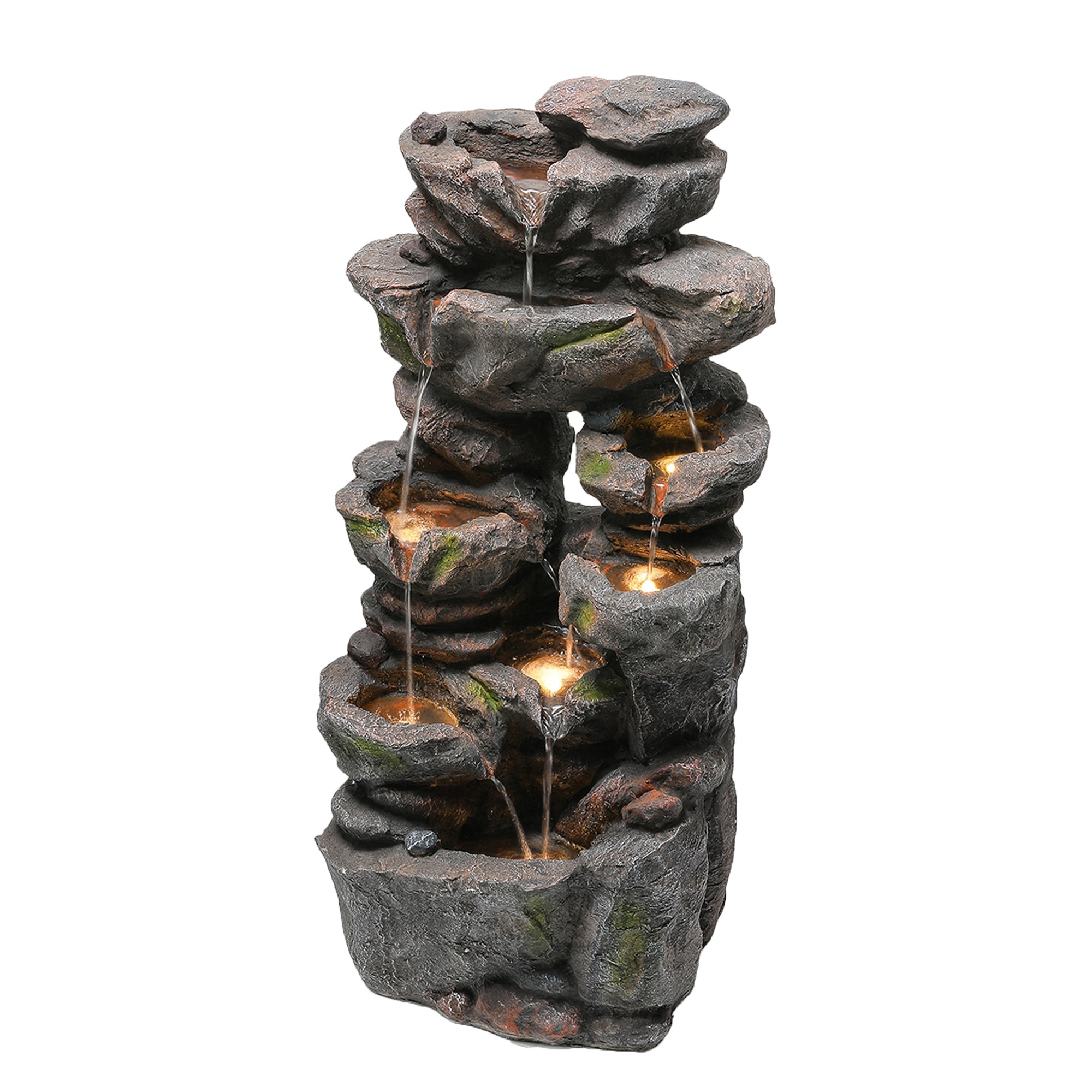 Garden Fountain with LED Lighting, Water Pump and Decorative Basin, Artificial Stone Grey