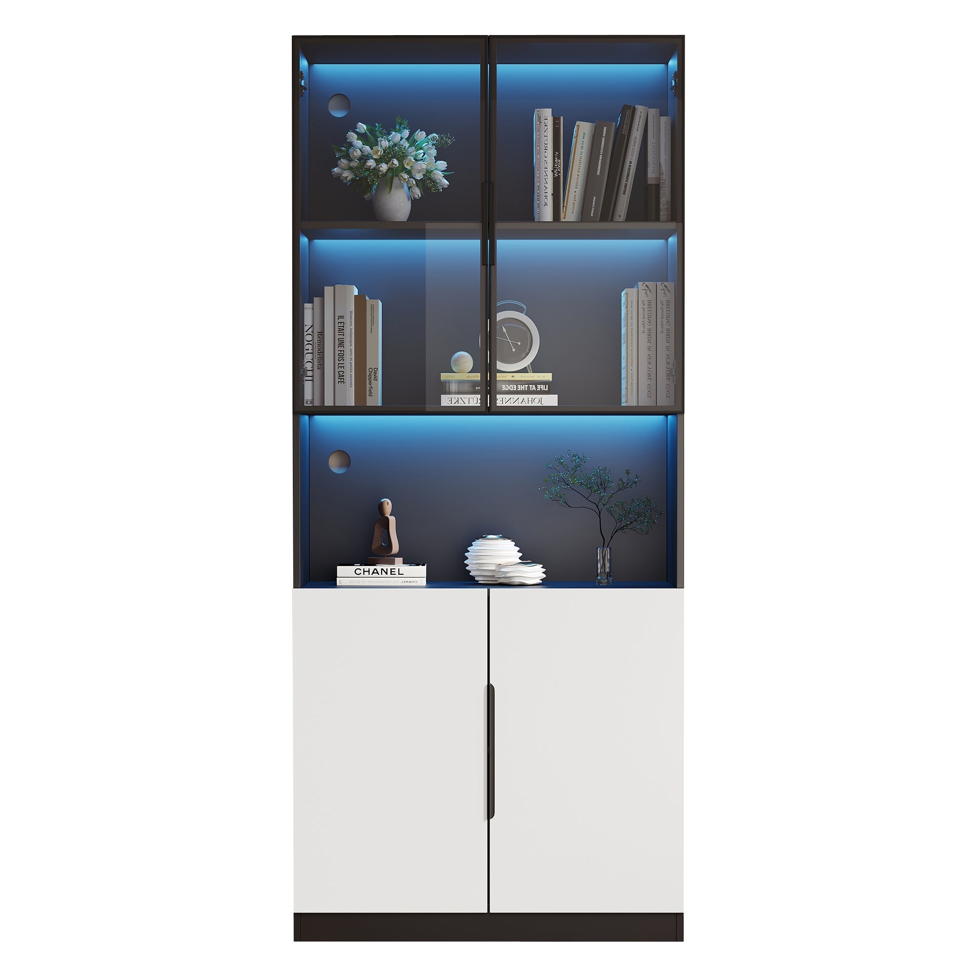 Display Cabinet Modern Minimalist Glass Doors LED Lights Adjustable - White/Black
