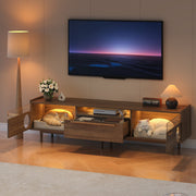 Modern TV Cabinet LED Lighting Cat Rest Area Glass Doors 1 Drawer, Walnut Color