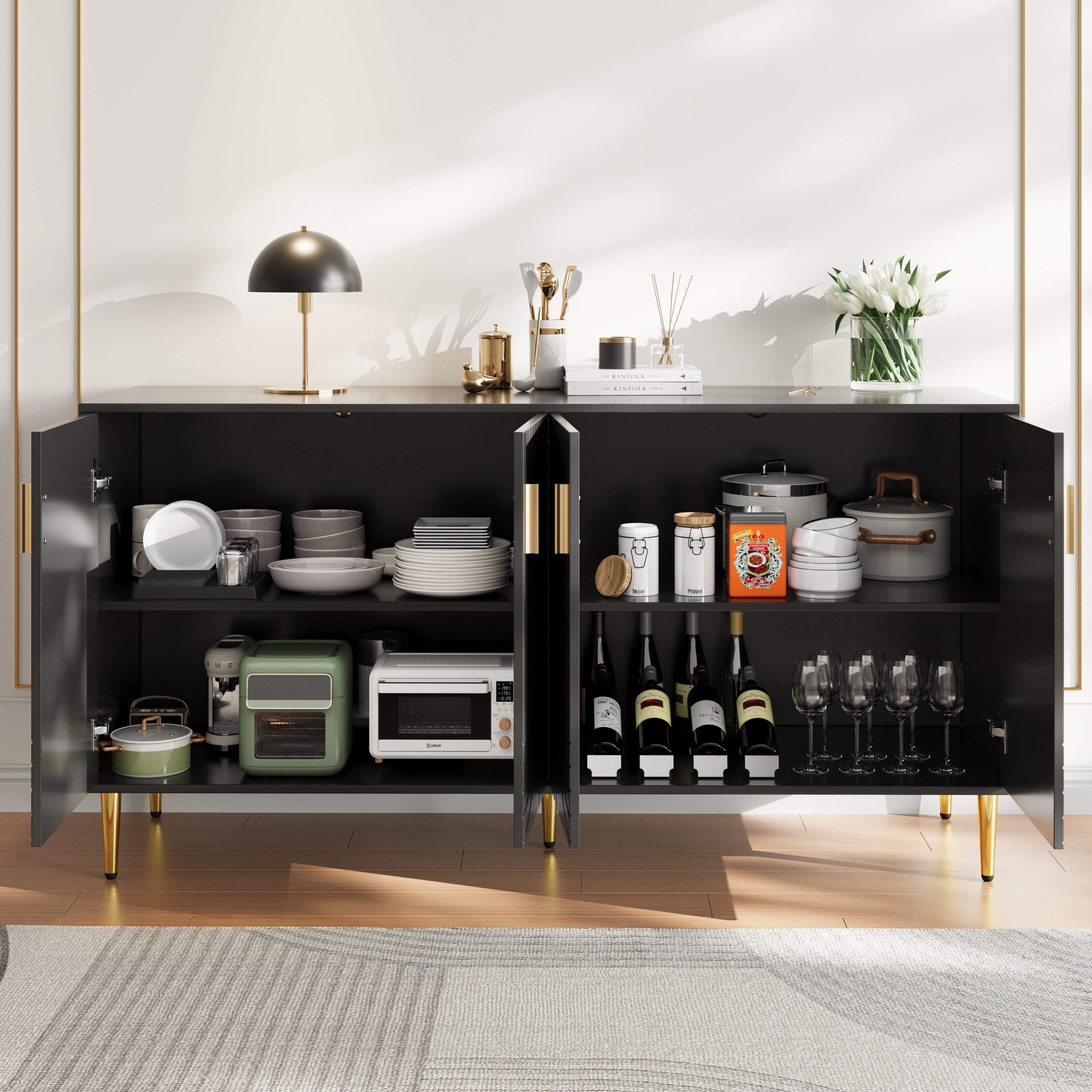 Black Sideboard, 152x40x75cm with Wave Design and Golden Handles, Black