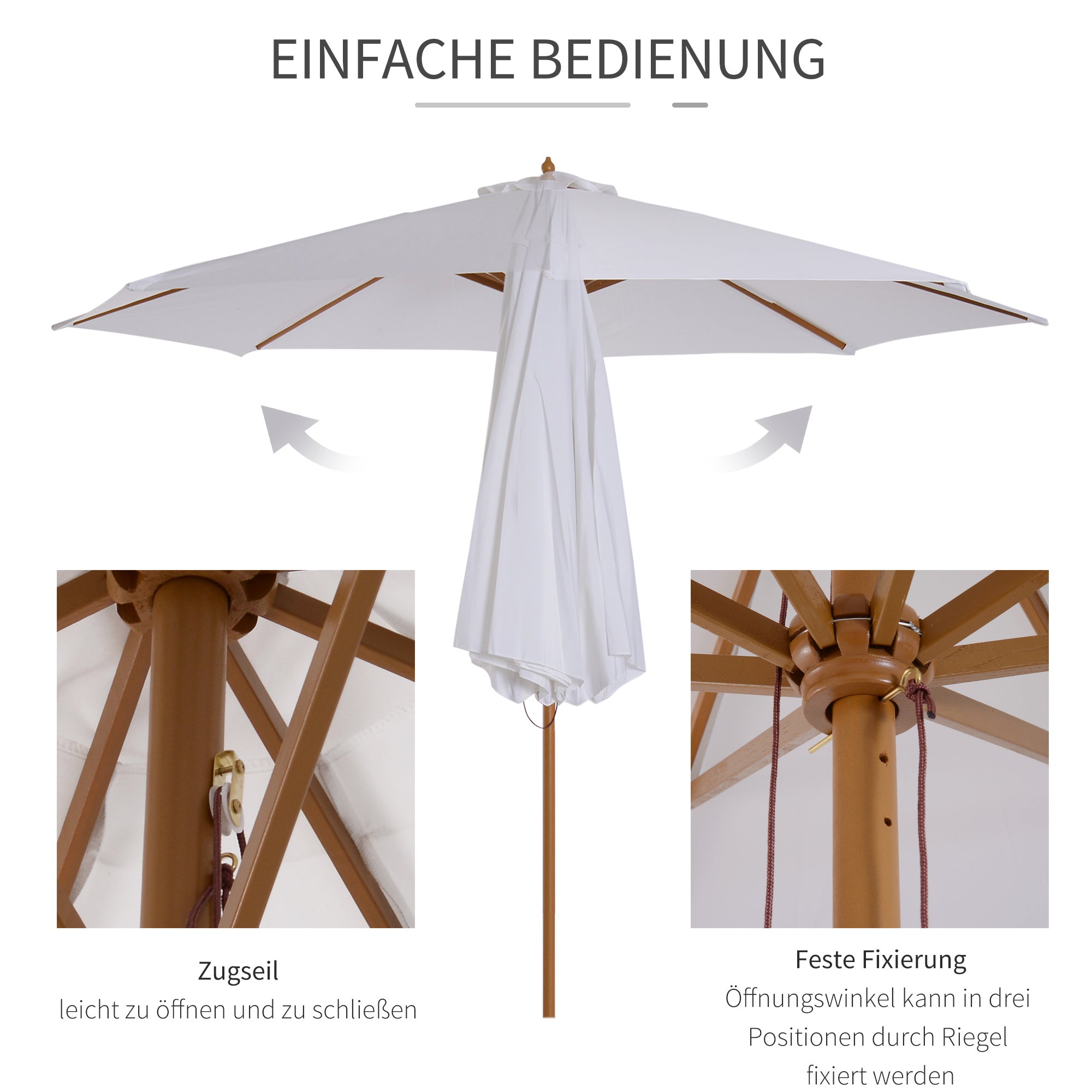 Wooden Parasol 300 cm Garden Balcony Bamboo Cream White