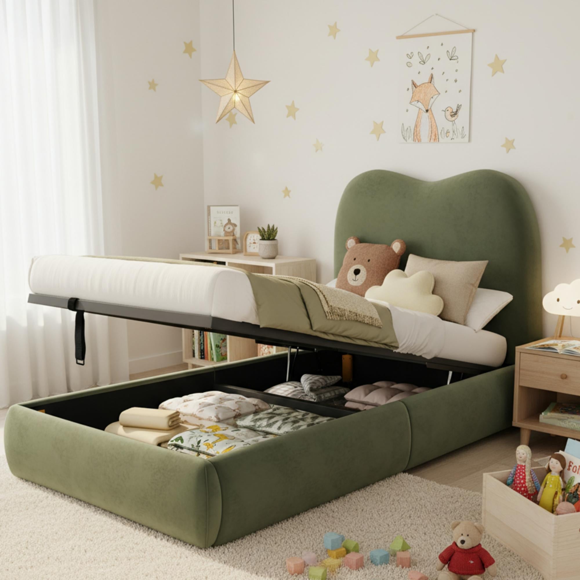Upholstered Bed 90x200cm, Hydraulic Storage, Headboard & Slatted Frame, Velvet Green