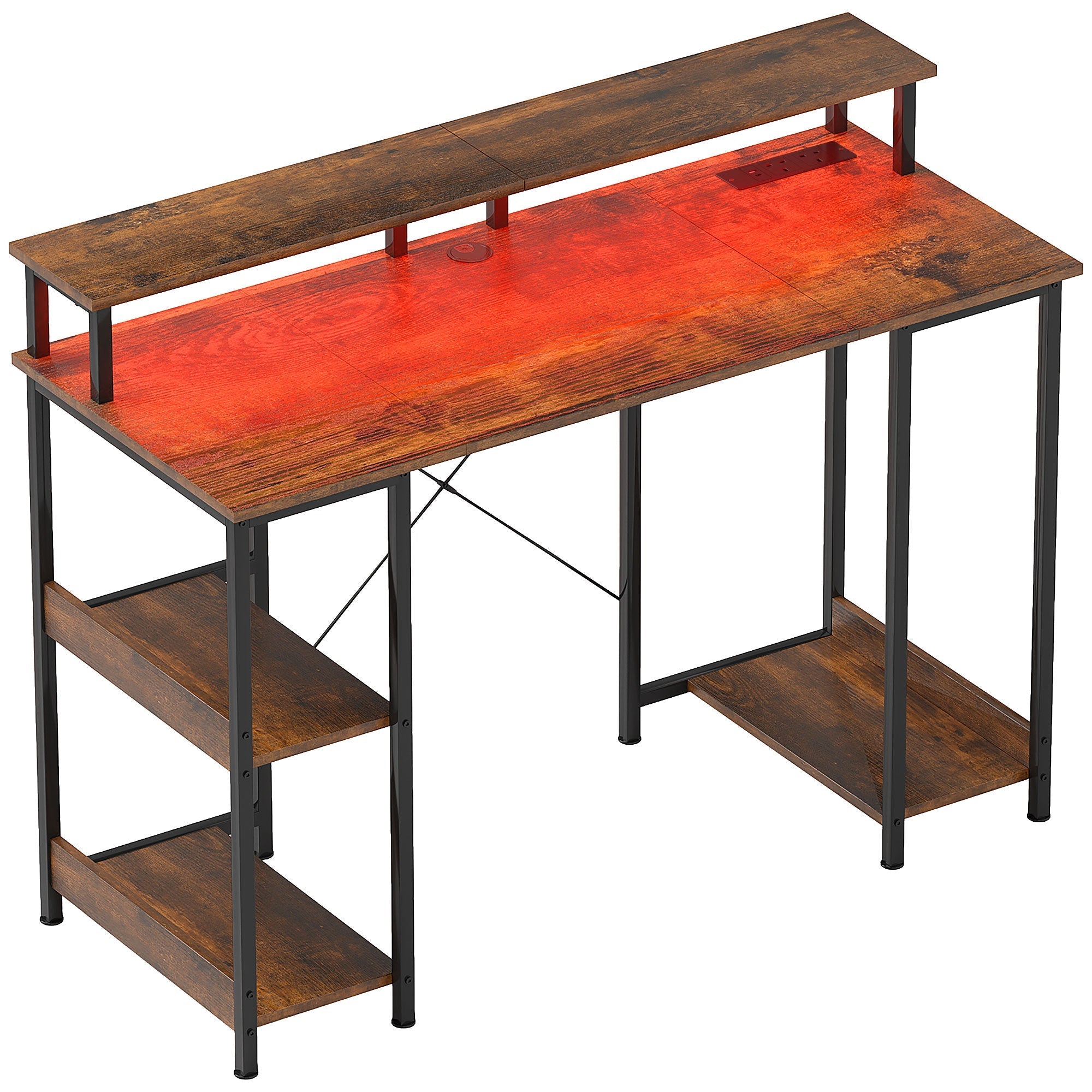 LED Computer Desk with Power Outlets and Shelves - Rustic Brown