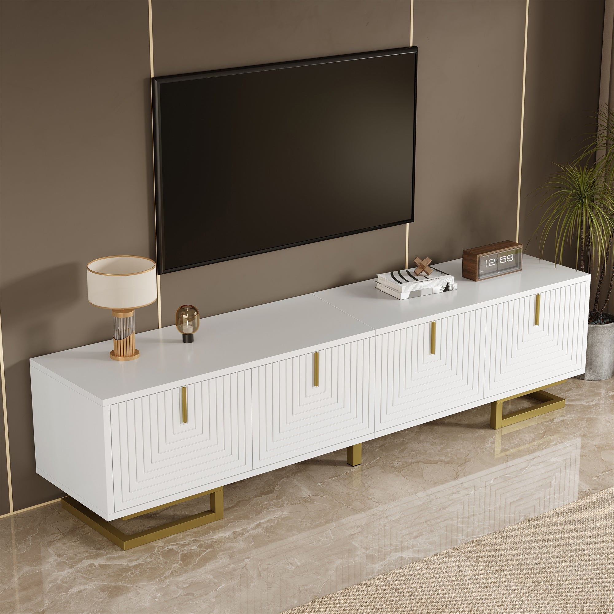 TV Cabinet Lowboard Textured Doors Gold Handles and Legs