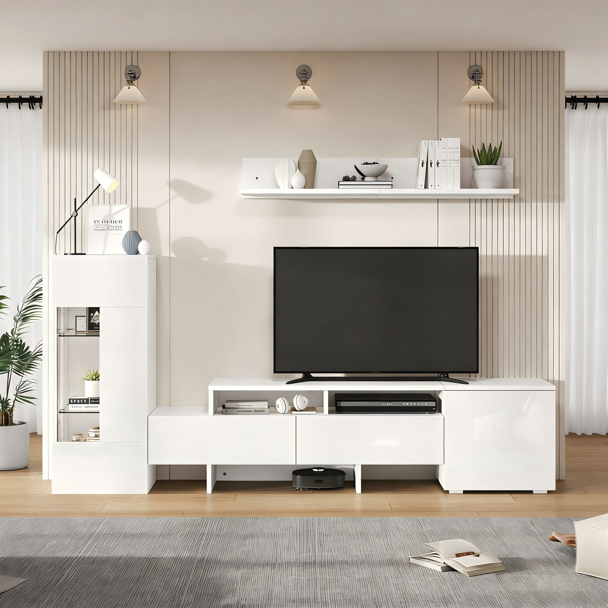 3-Piece TV Wall Unit Set High-Gloss LED Modern Wall-Mounted White