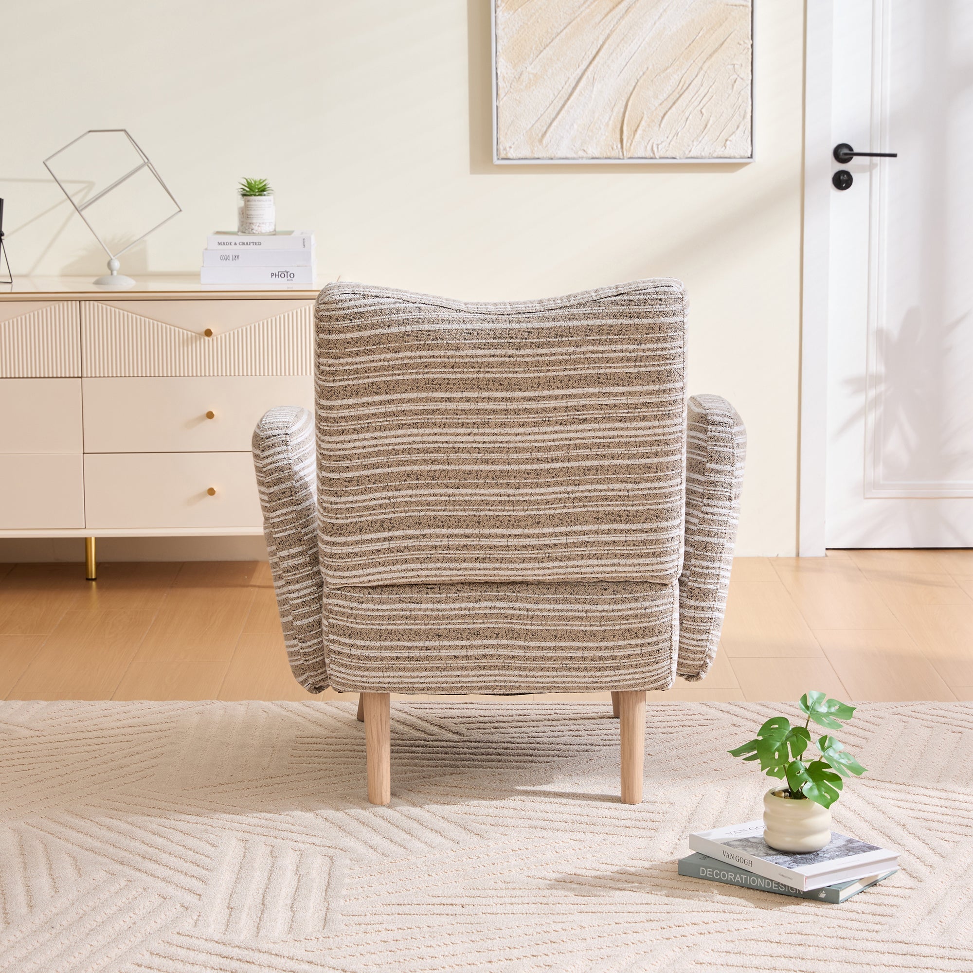 Modern Armchair with Side Pocket and Solid Wood Legs, Fabric with Circular Pattern