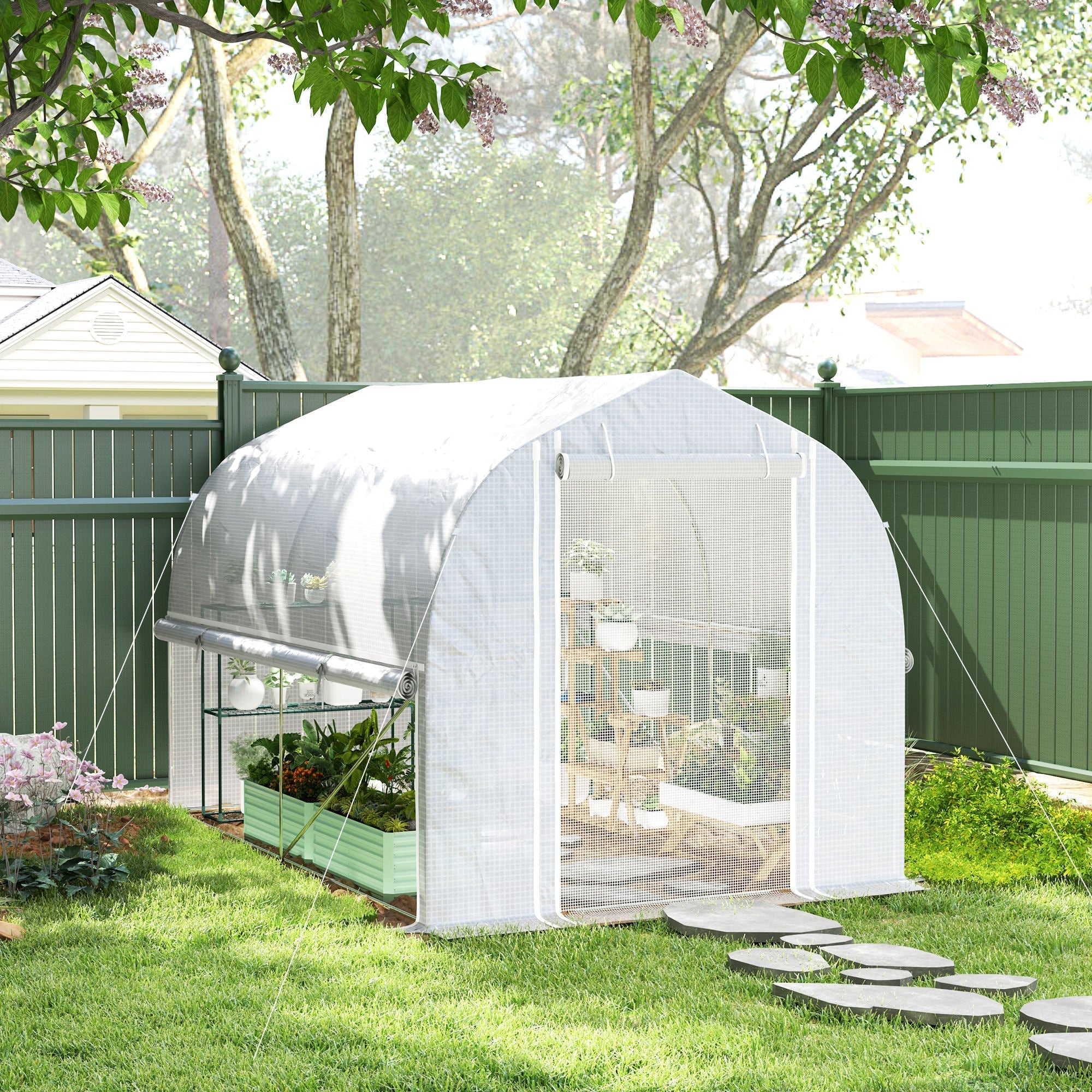Greenhouse Polytunnel, 3x2x2m, 4 Windows & Door, White