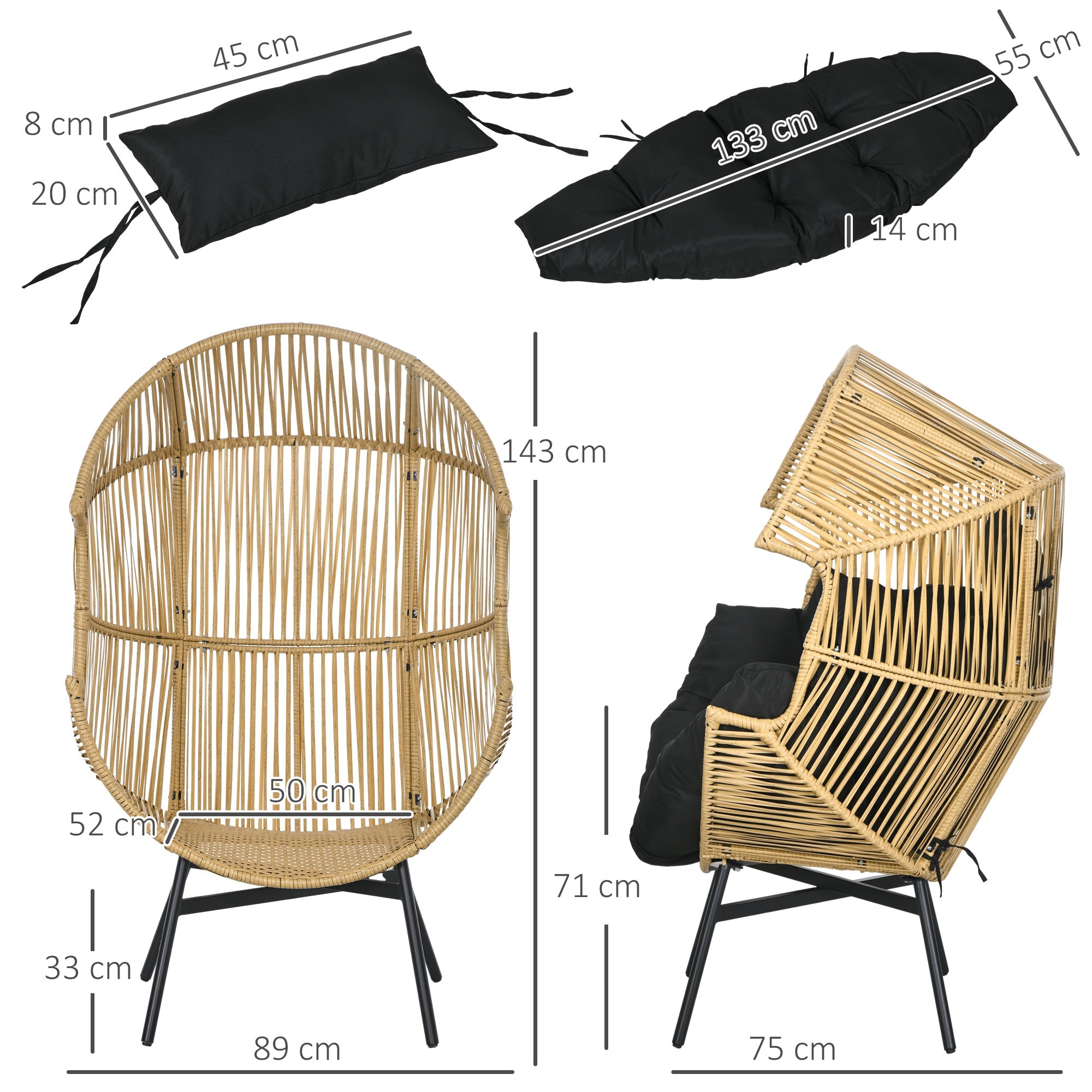 String Rattan Egg Chair with Padded Cushion, Sand/Black