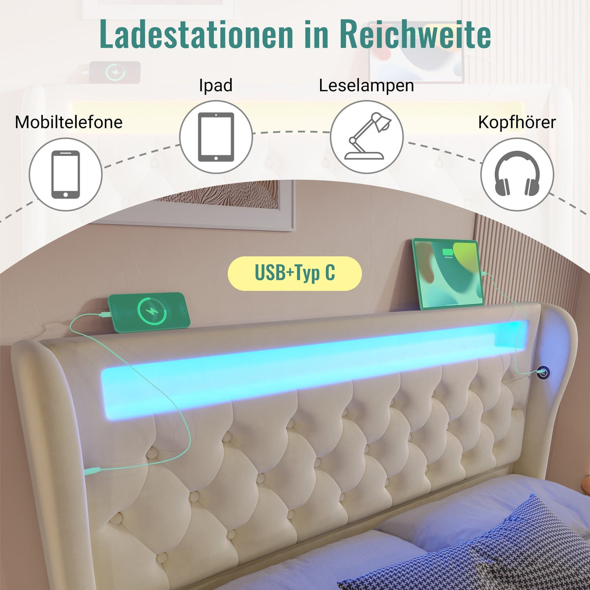 Upholstered Double Bed 160x200cm LED Lights USB/Type-C Storage Hydraulic Velvet Beige