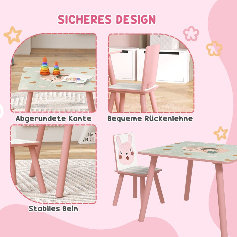 Children's Seating Set, Table with 2 Chairs, Animal Motif, Pine Wood, Pink
