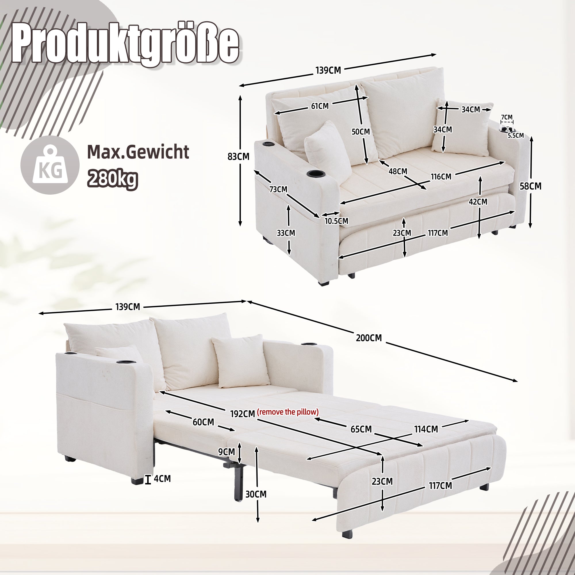 Sofa, Multifunctional Folding Pull-Out with USB & Cup Holder, Fabric