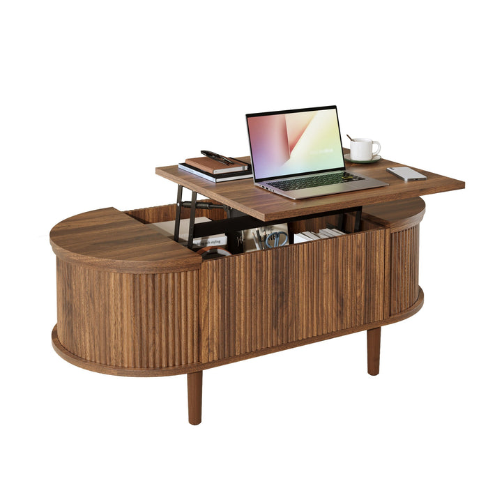 Oval Coffee Table with Adjustable Storage and Vintage Style, Solid Wood Legs