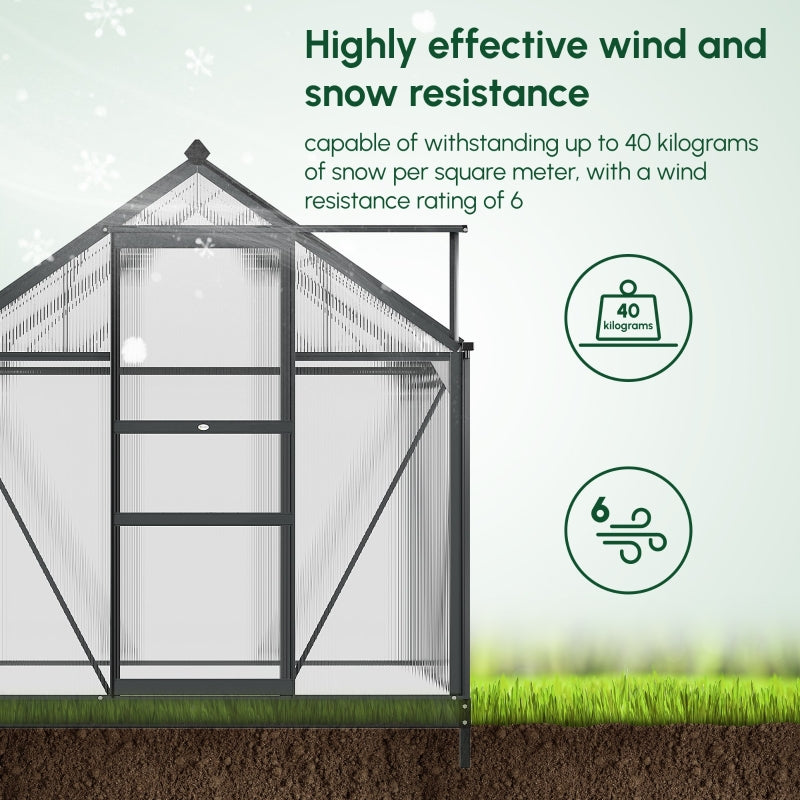 6x4ft Greenhouse, Polycarbonate Walk-In with Sliding Door & Aluminium Frame, Grey