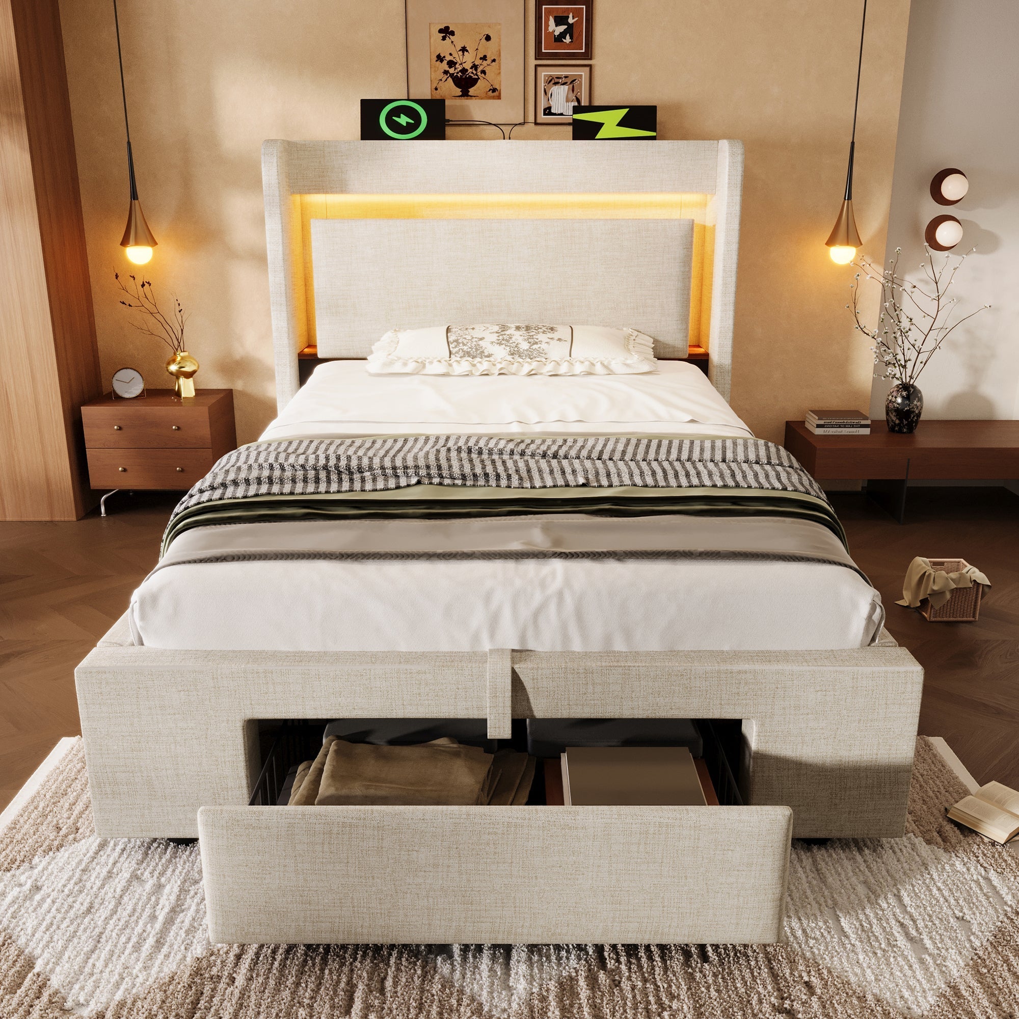 Upholstered Bed with Hydraulic Storage and LED Headboard, 90x200 cm with Mattress, Beige Linen