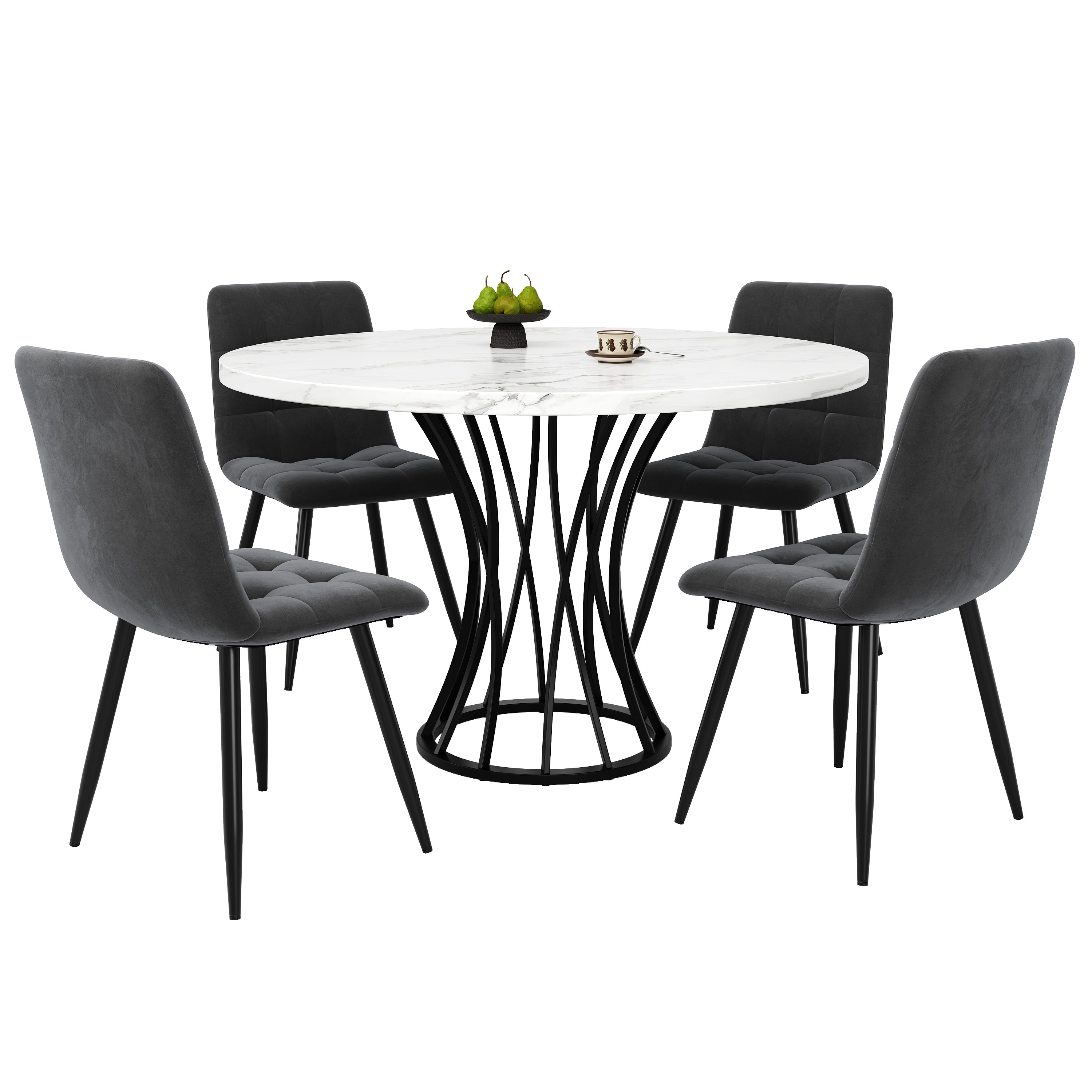Dining Table Set 5-Piece Round 80cm Marble Top 4 Chairs - Grey Velvet