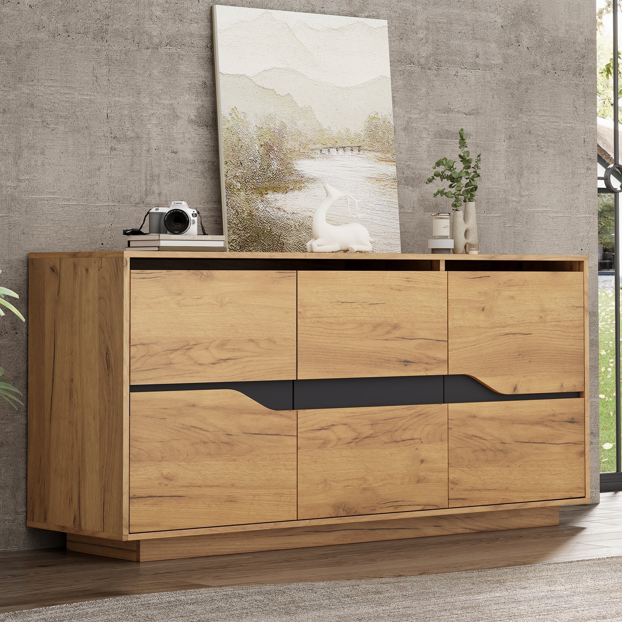 Sideboard Cabinet 3 Doors Adjustable Dividers Handleless 140x40x70cm Wood Color + Black