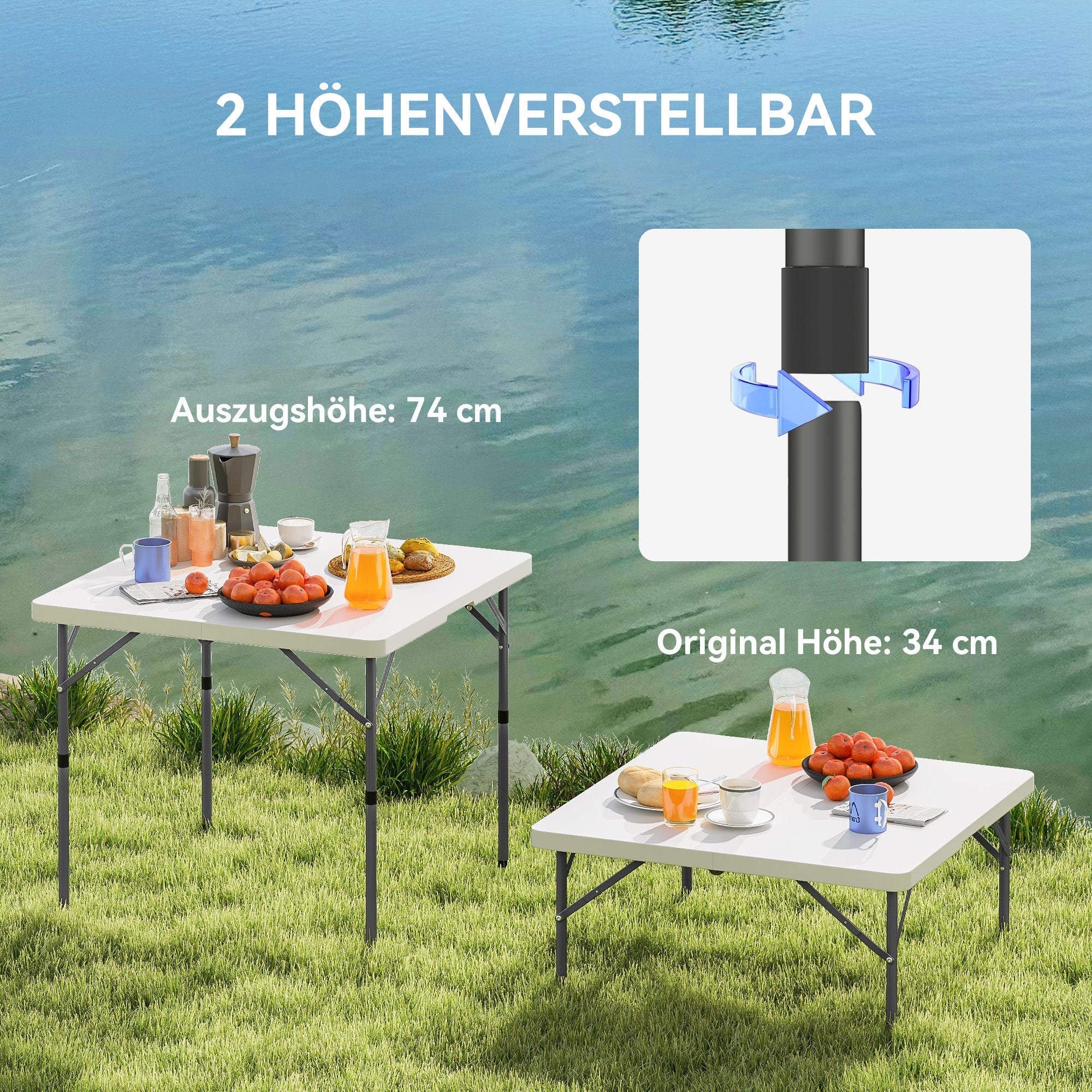 Picnic Table, Folding Camping Height-Adjustable, Plastic Metal White