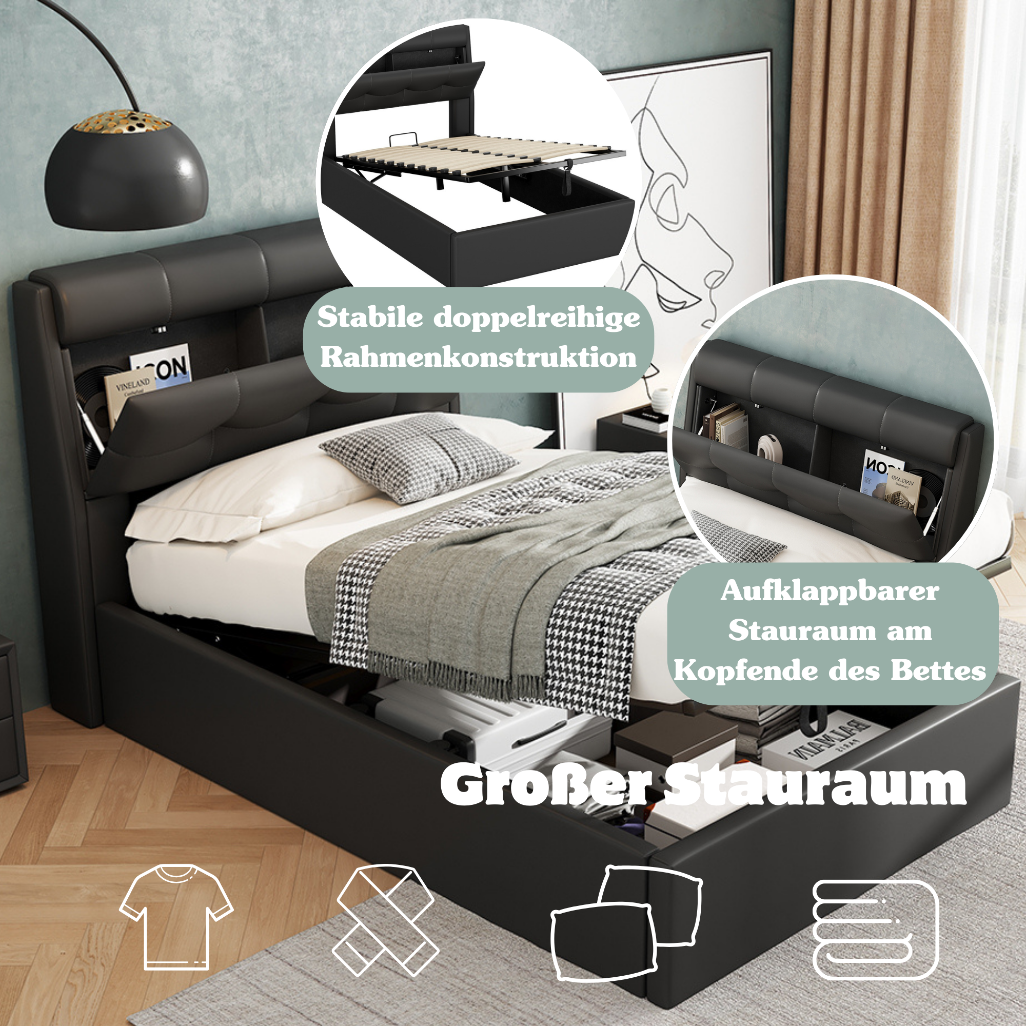 Upholstered Bed 90x200 Hydraulic Storage Concealed Headboard - PU Black