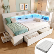 Daybed with LED, Charging Station and Storage, 90x200cm, White Wood-based Material