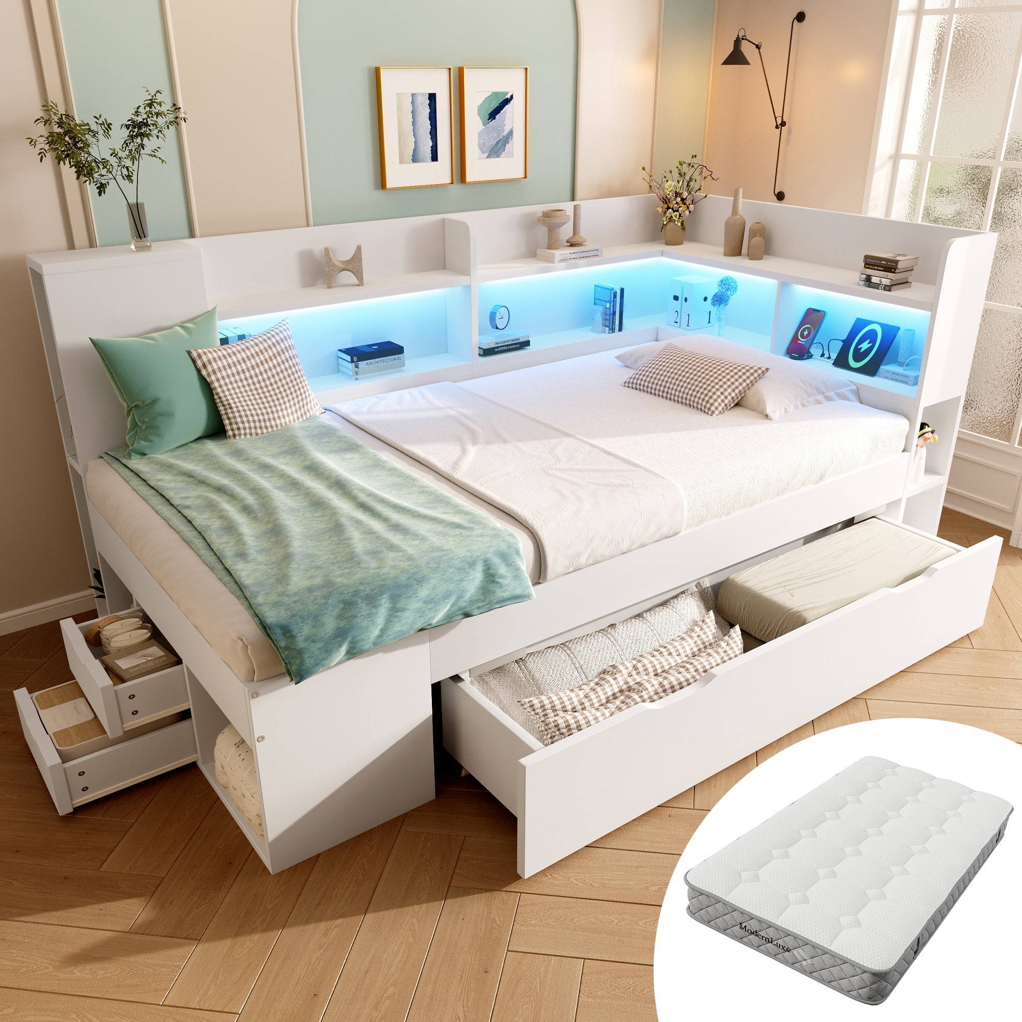 Daybed with LED, Charging Station and Storage, 90x200cm, White Wood-based Material