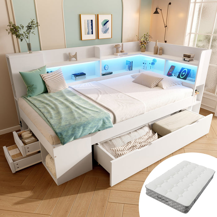 Daybed with LED, Charging Station and Storage, 90x200cm, White Wood-based Material