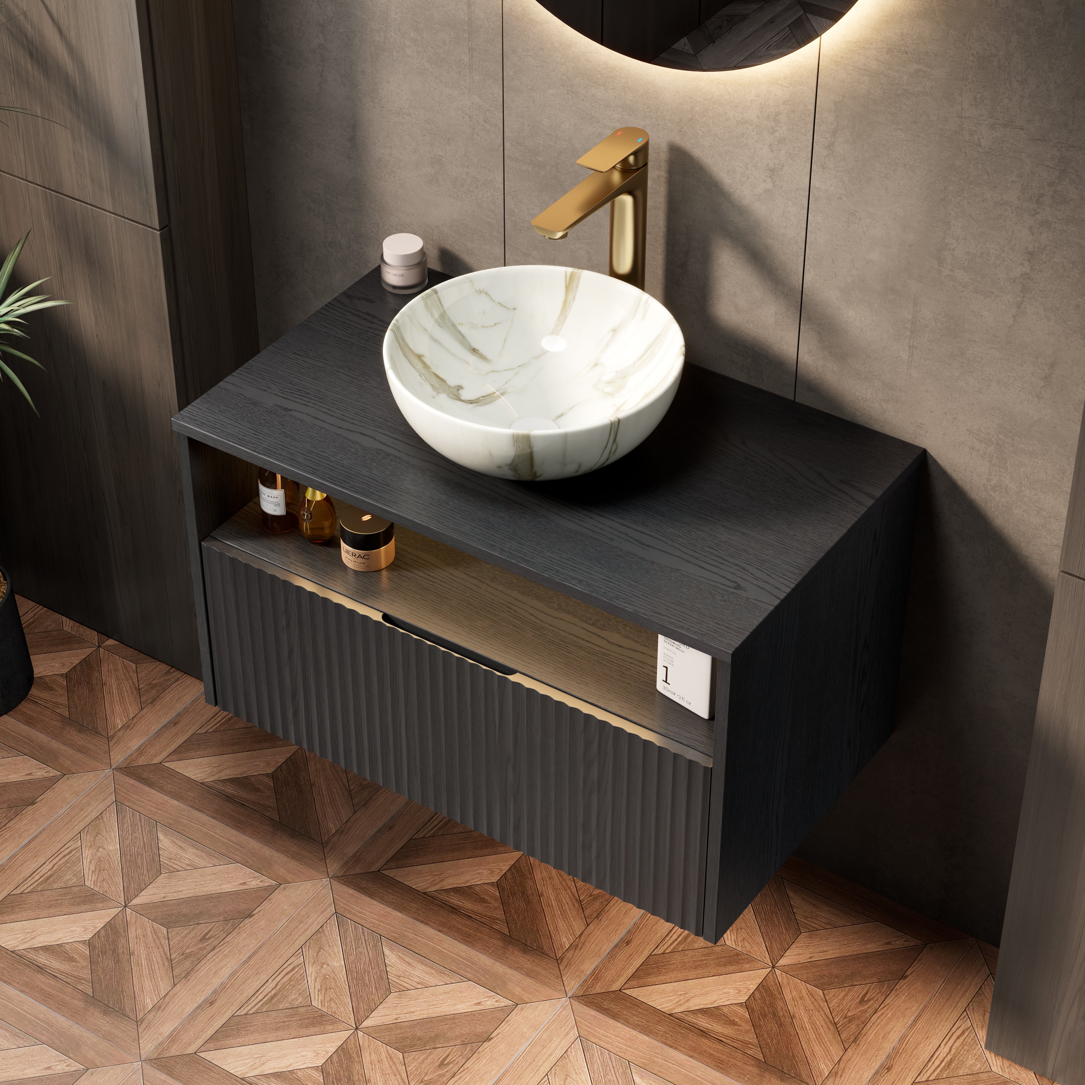 Floating Bathroom Vanity with Ceramic Basin and Sensor Light, 80cm Plywood, Black