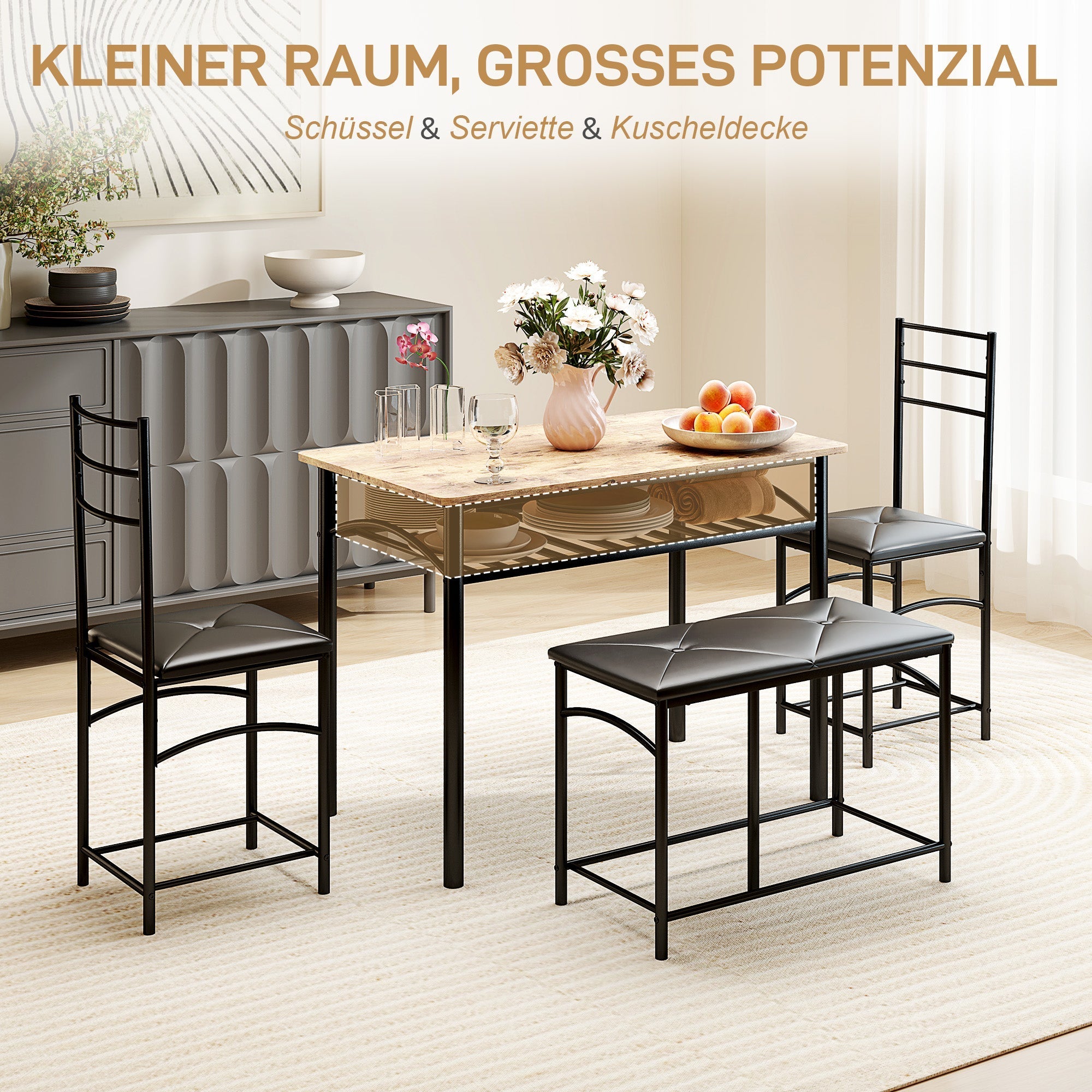 Dining Set 4-Piece Space-Saving Table 2 Chairs Bench, Brown