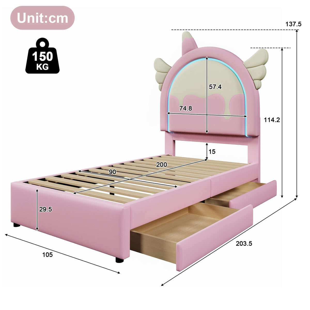 Upholstered Bed 90x200cm Unicorn Shape Light Strip 2 Drawers - PU Pink