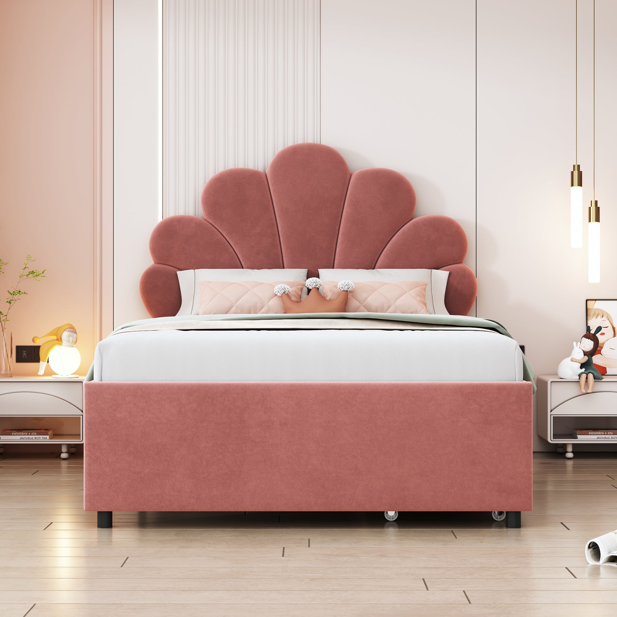 Children's Upholstered Bed 90x200 Floral Headboard Storage Velvet Pink