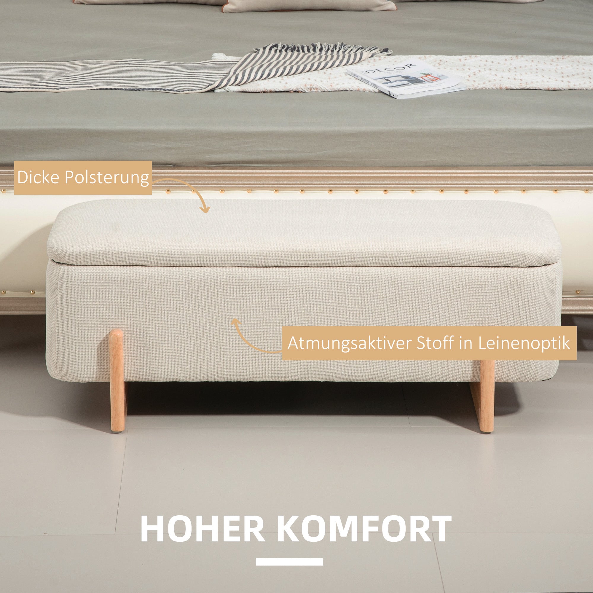 Storage Bench, Upholstered with Safety Hinges & Wooden Legs, Linen Look