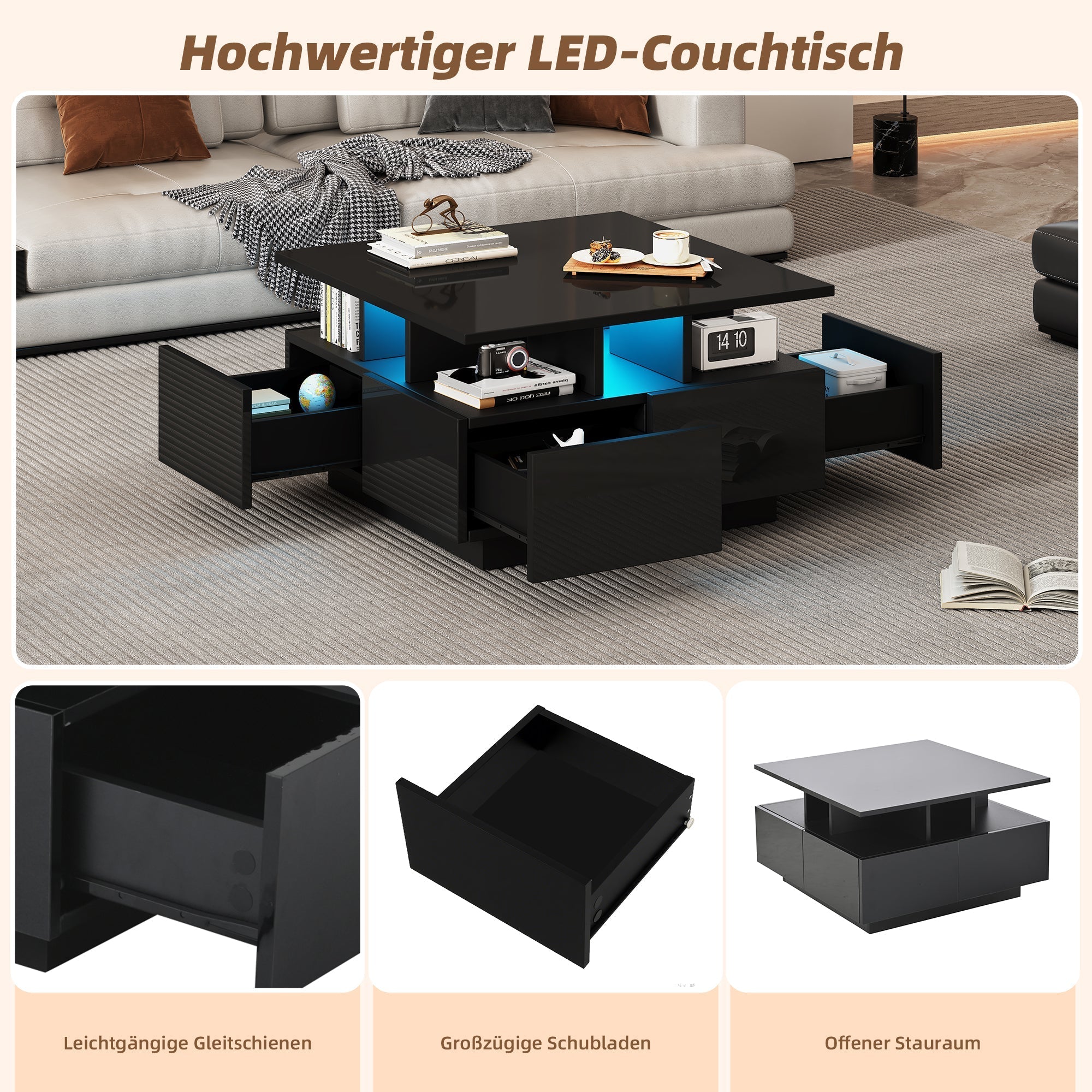 Coffee Table, High-Gloss LED with 4 Drawers, Geometric Design, Black