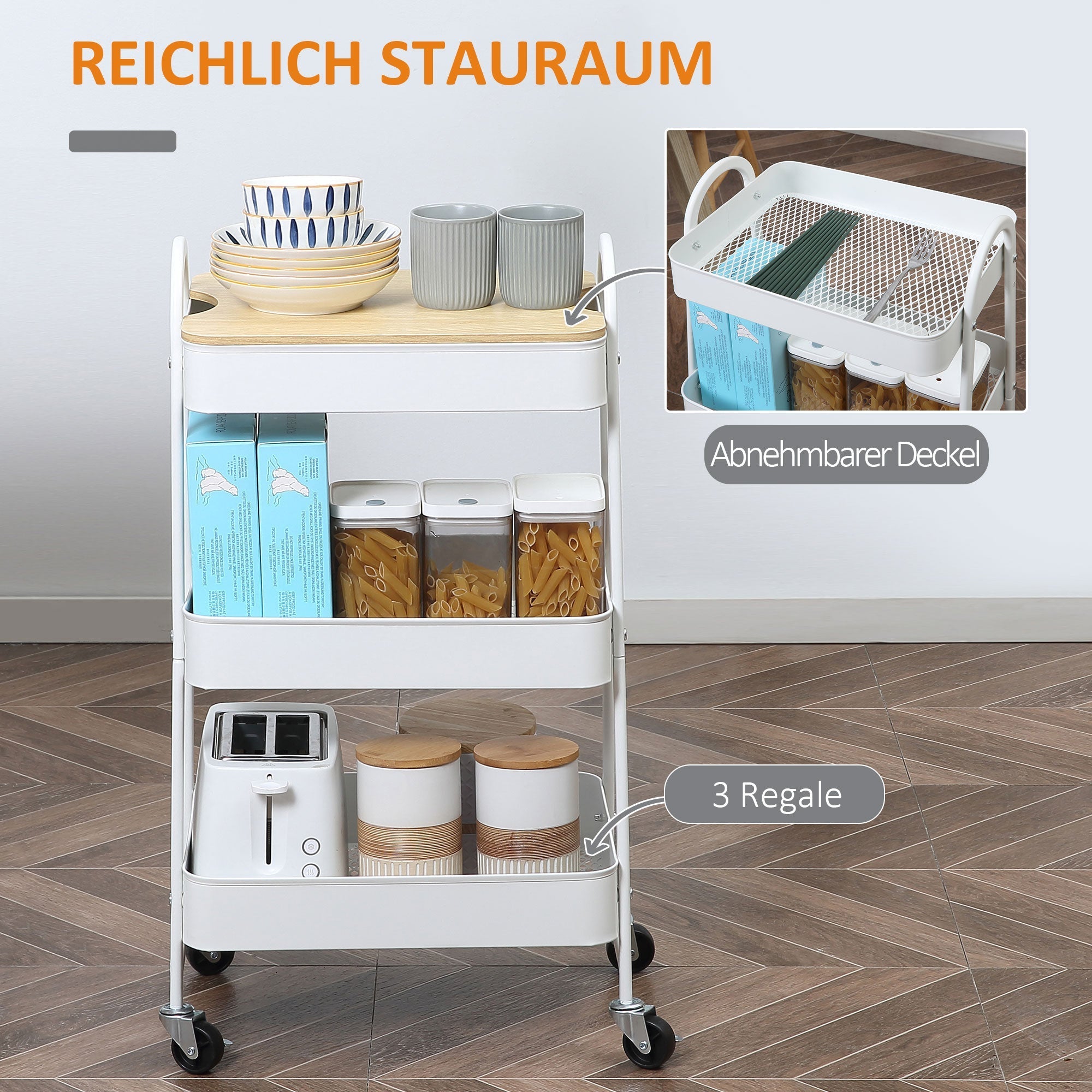 Küchenrollwagen 3-stöckig, Metall, Weiß