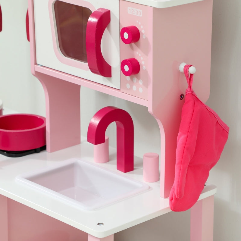 Children's Play Kitchen with Wooden Accessories and Sound Effects, Pink
