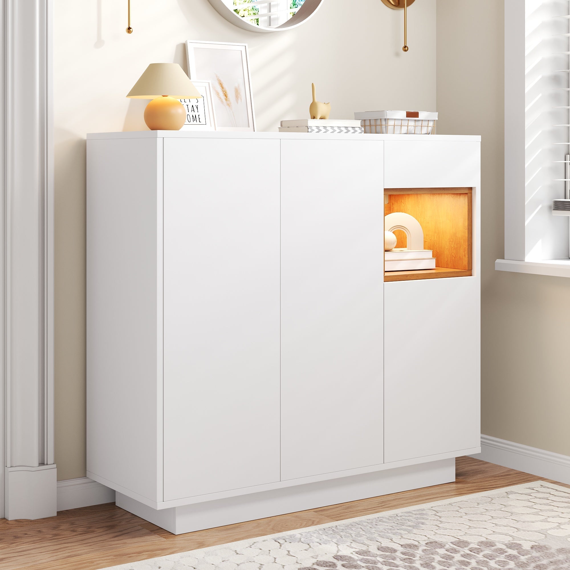 Shoe Cabinet with Adjustable Shelves for 14-18 Pairs, White and Natural Wood