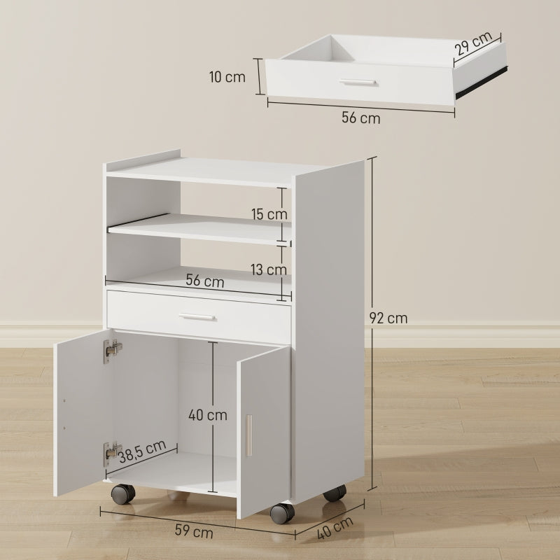 Microwave Cabinet with Shelf, Double Door, Drawer, and Casters, White