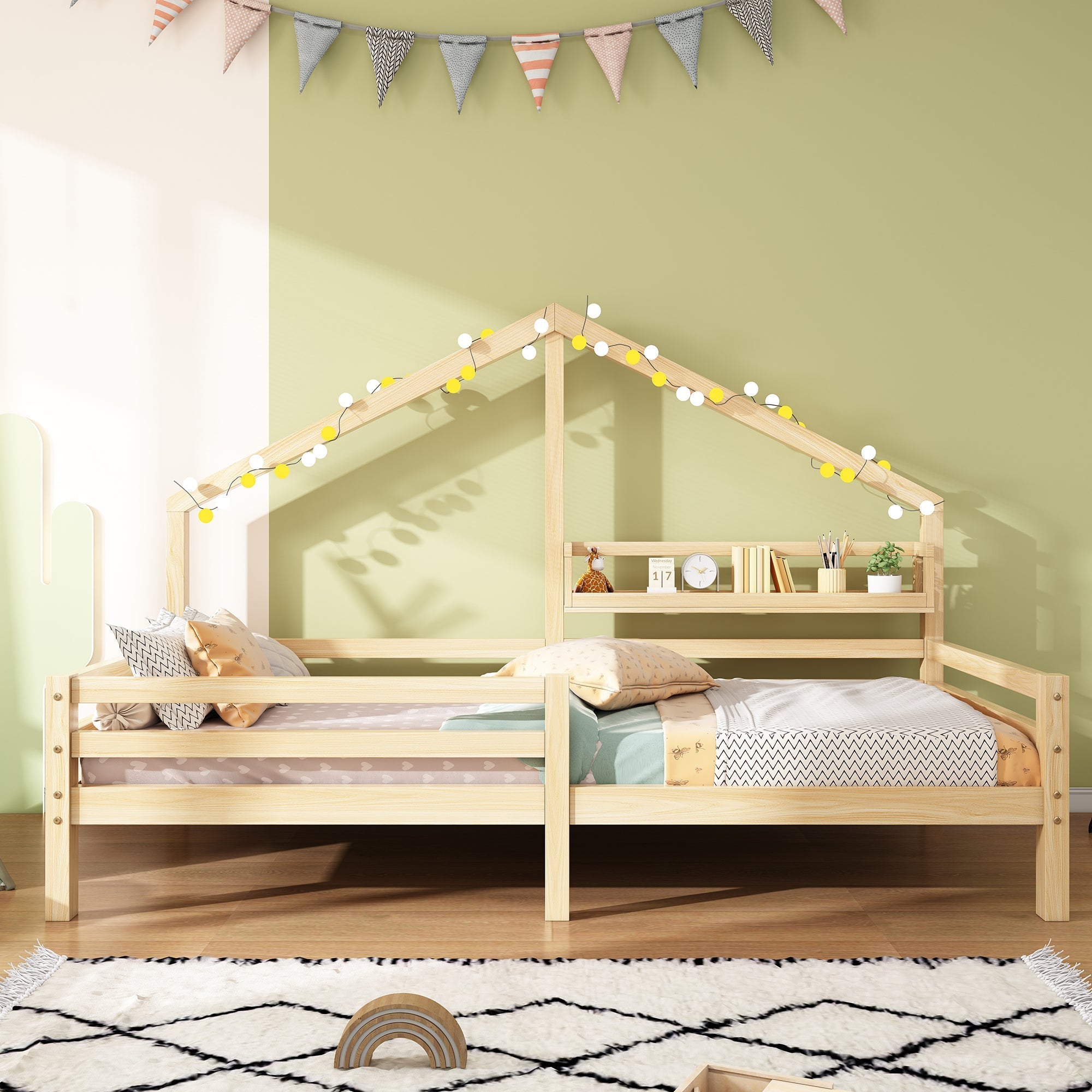 House Bed 90x200cm Storage Shelf Fireplace Shape - Natural