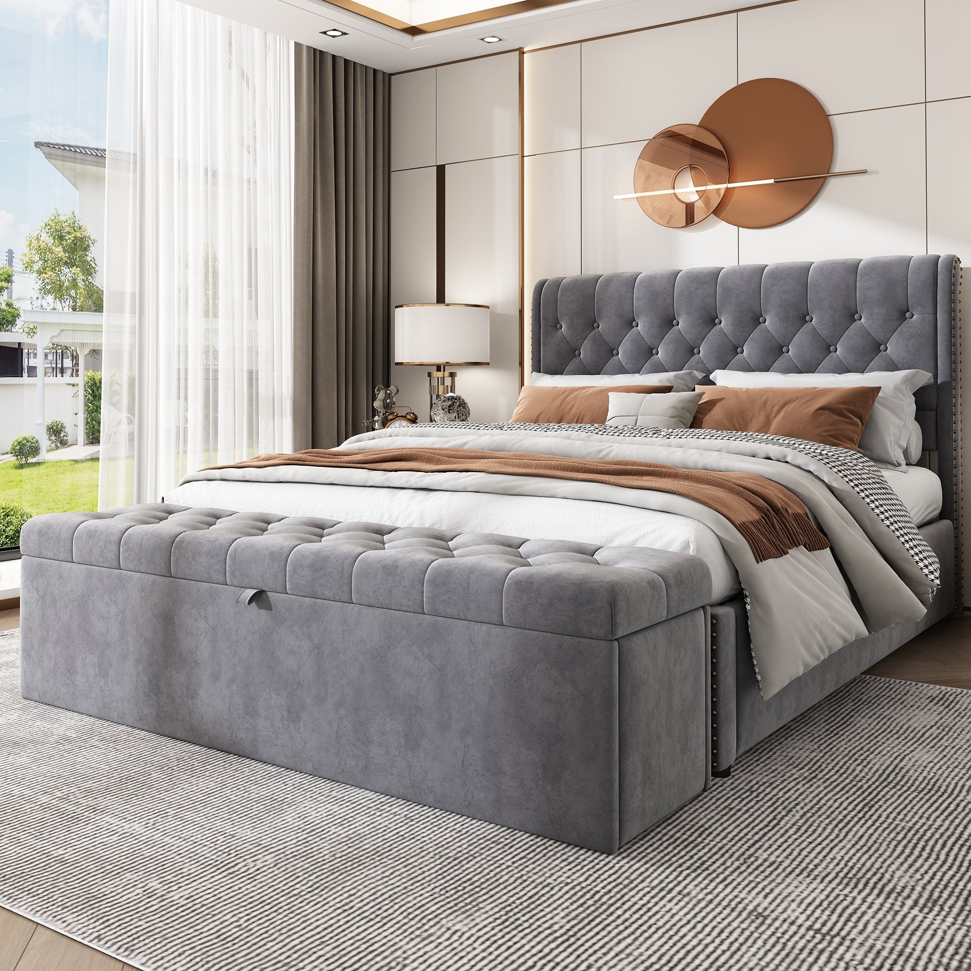 Upholstered Double Bed (4ft6) with Hydraulic Lever, Storage, and Upholstered Bench, Linen Grey