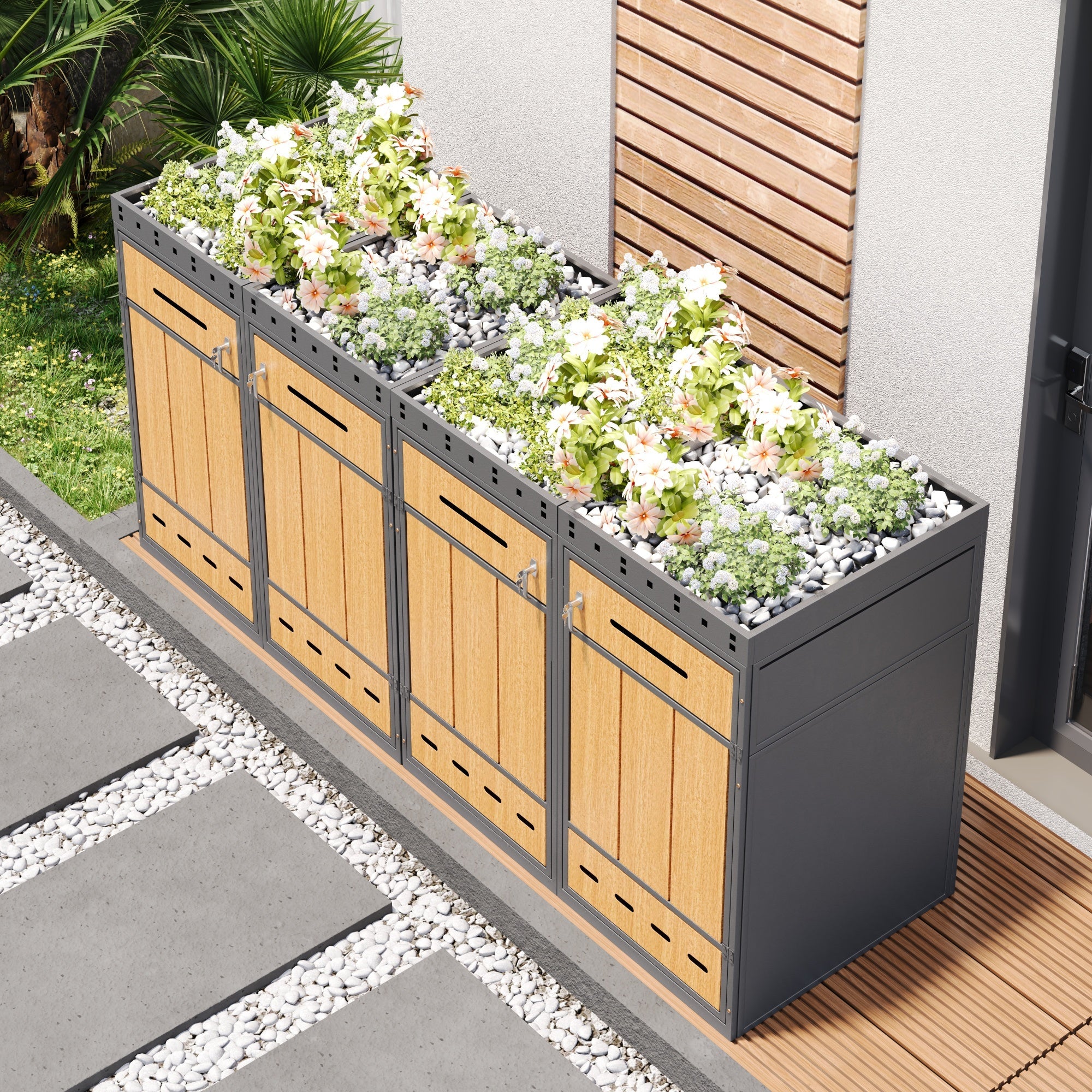 Bin Storage Unit with Green Roof for Four 120-240L Bins, Anthracite Wood-Look