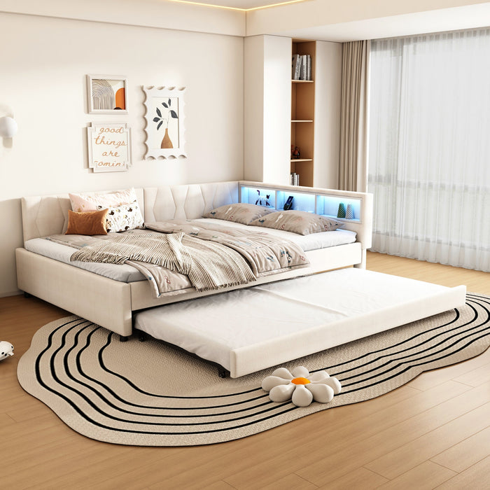 Daybed Sofa Bed 140x200cm Pull-out Bed Storage LED USB/Type-C - Linen Beige