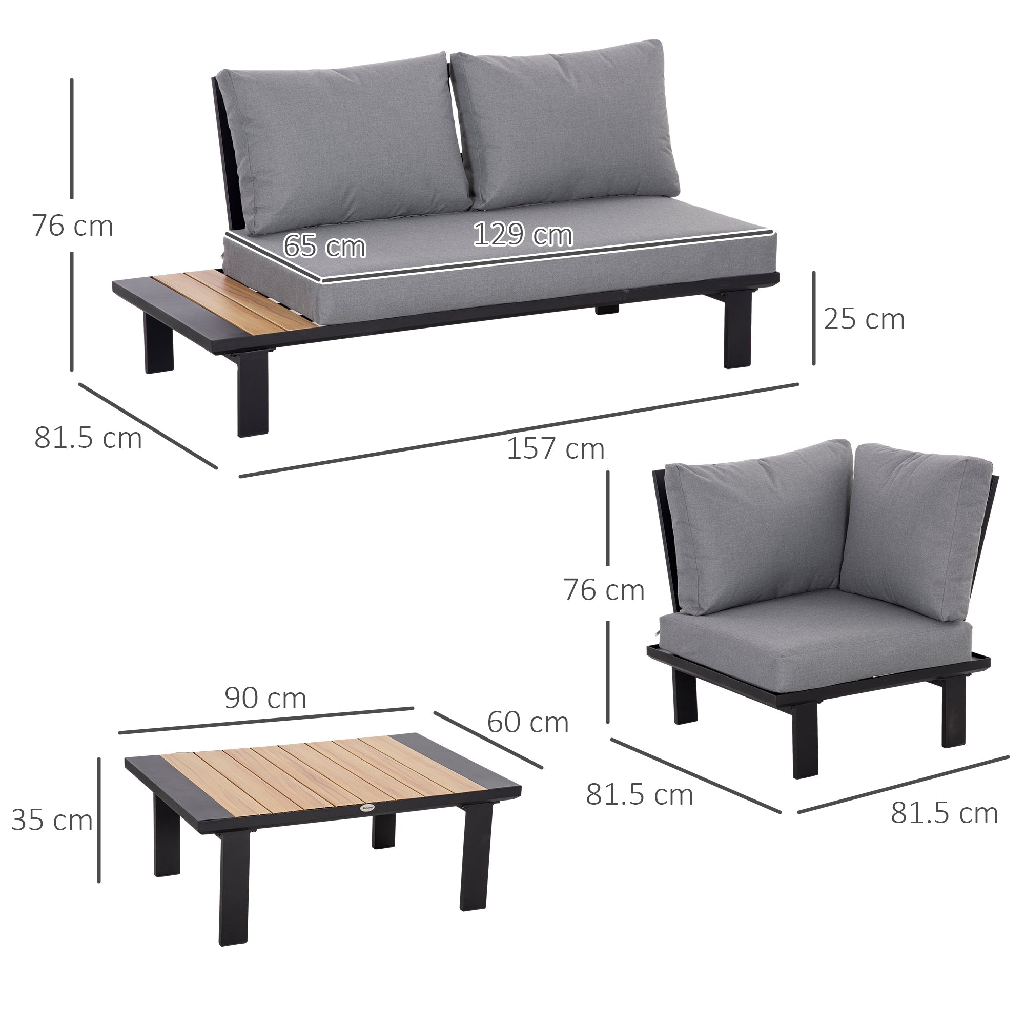 4 Piece Aluminium L-Shape Garden Sofa Set with Tables and Cushions, Dark Grey