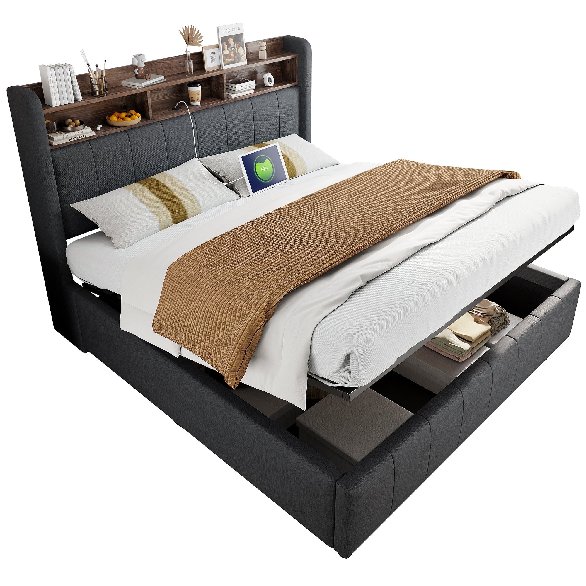 Upholstered Bed 160*200cm, LED Lighting, USB Socket, Hydraulic Storage, Linen Fabric Gray