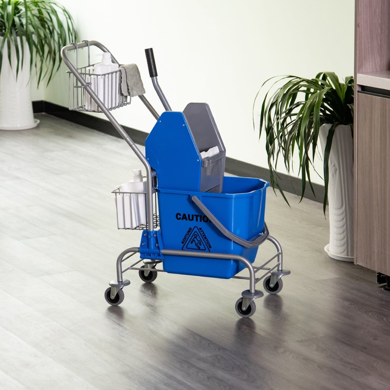 Reinigungswagen, 26-Liter-Eimer mit Backenpresse, Blau