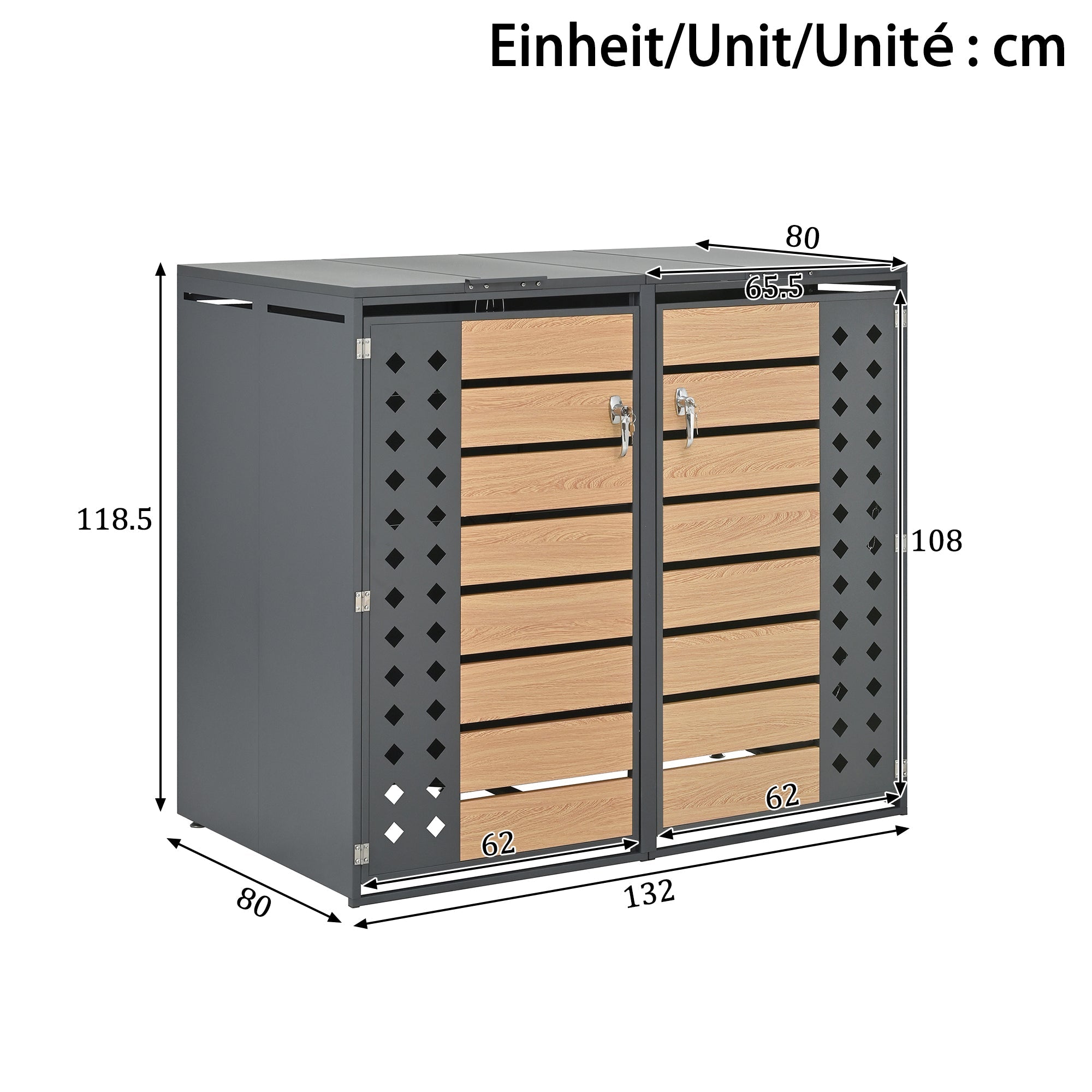 Garbage Can Storage Box with Hinged Lid, Lockable Four Doors, and Diamond-Shaped Hollow Panels, Metal