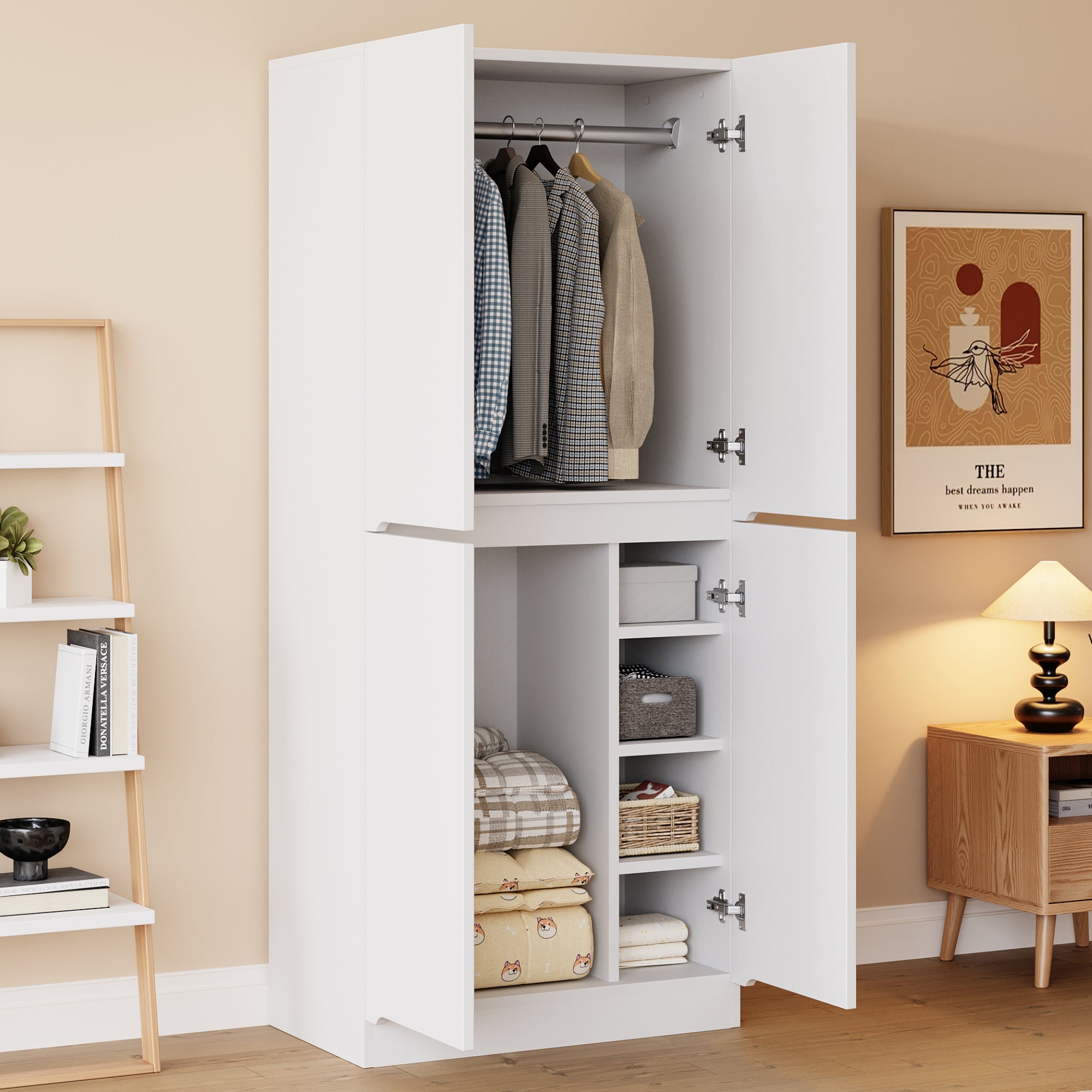Tall Kitchen Cabinet with Ample Storage and Metal Accents, White and Wood Color