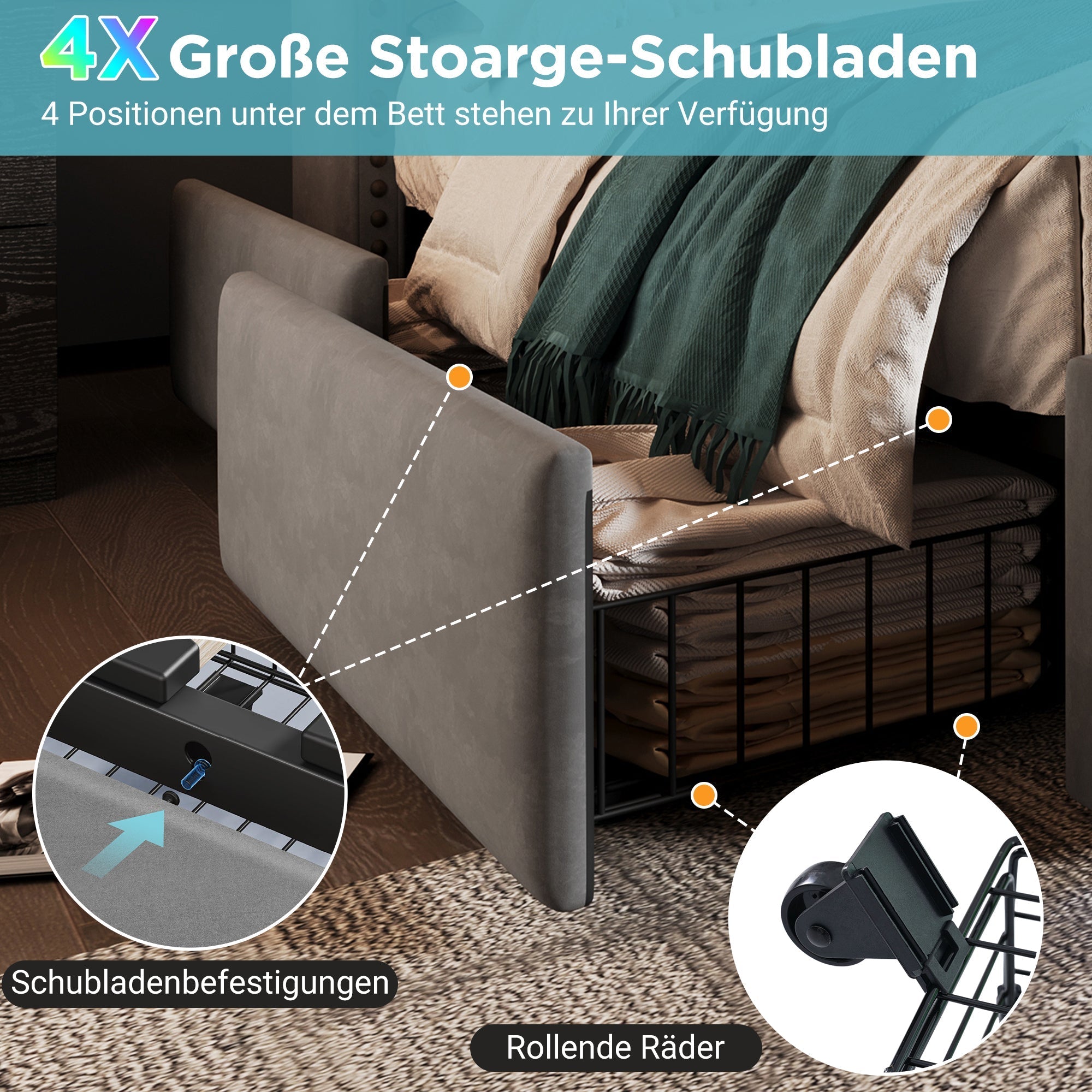 Upholstered Bed, 160x200 Double with 4 Drawers, LED & USB-C, Velvet Grey