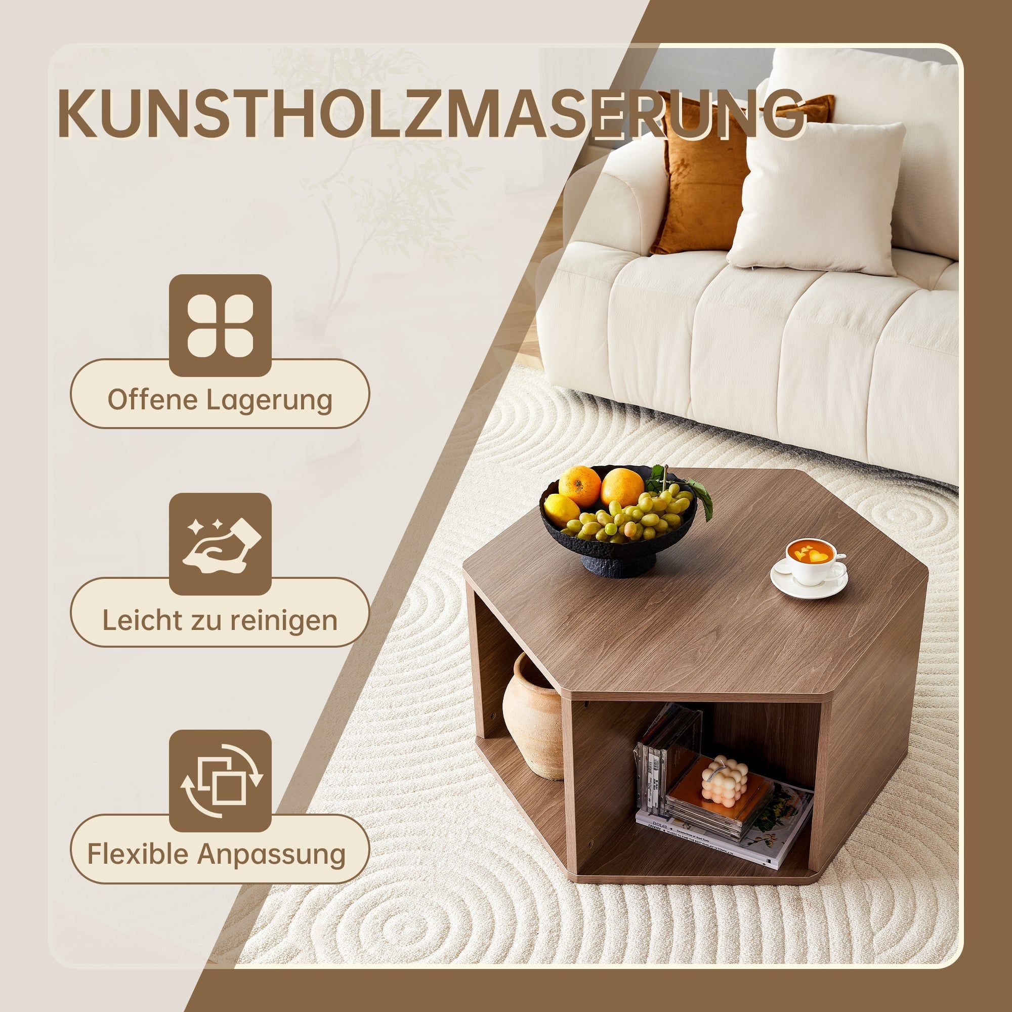 Hexagonal Coffee Table Multifunctional Modern Design 79x69.4x40 cm