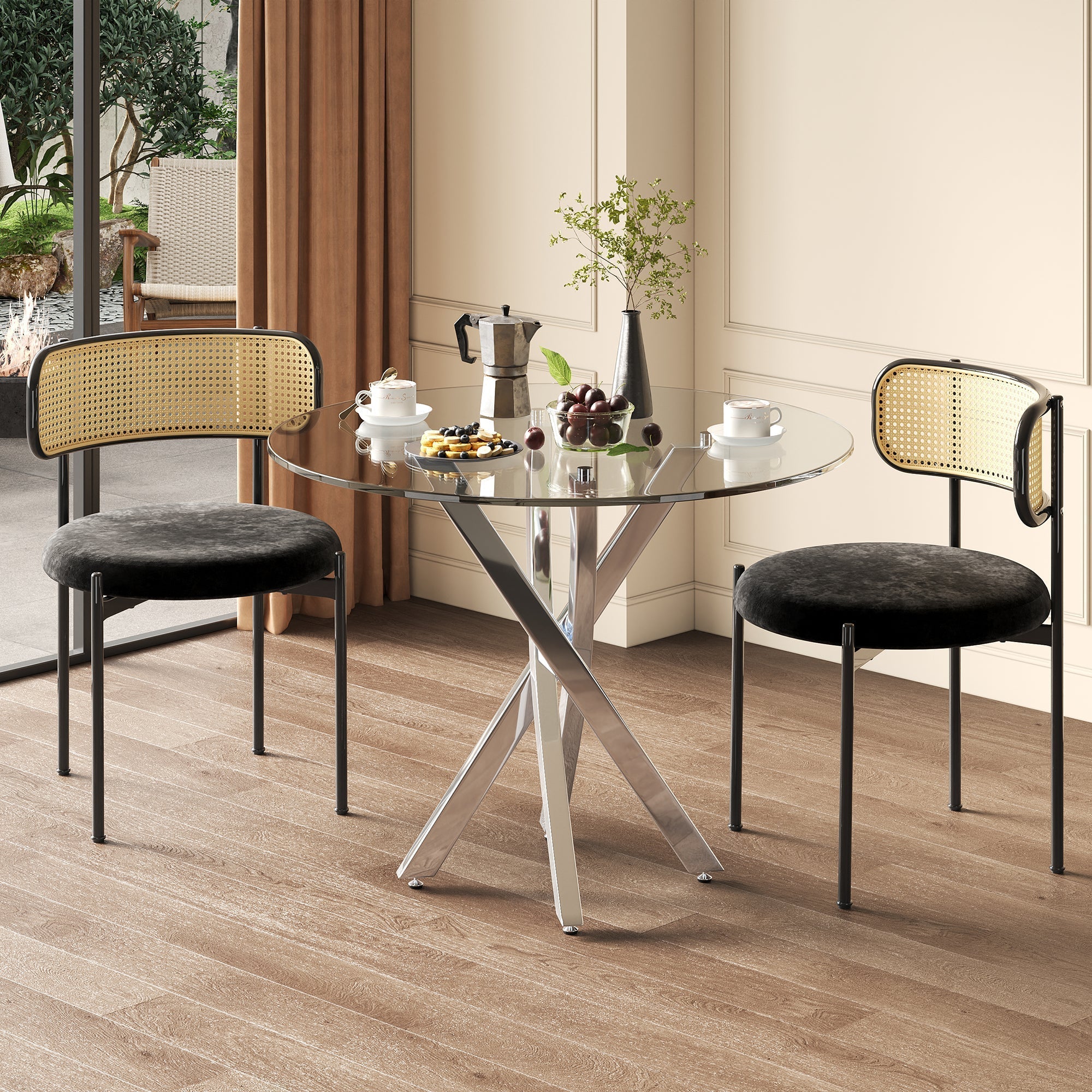 Dining Table Set - 3-Piece 80x80cm Tempered Glass Top Black Chairs - Silver Legs