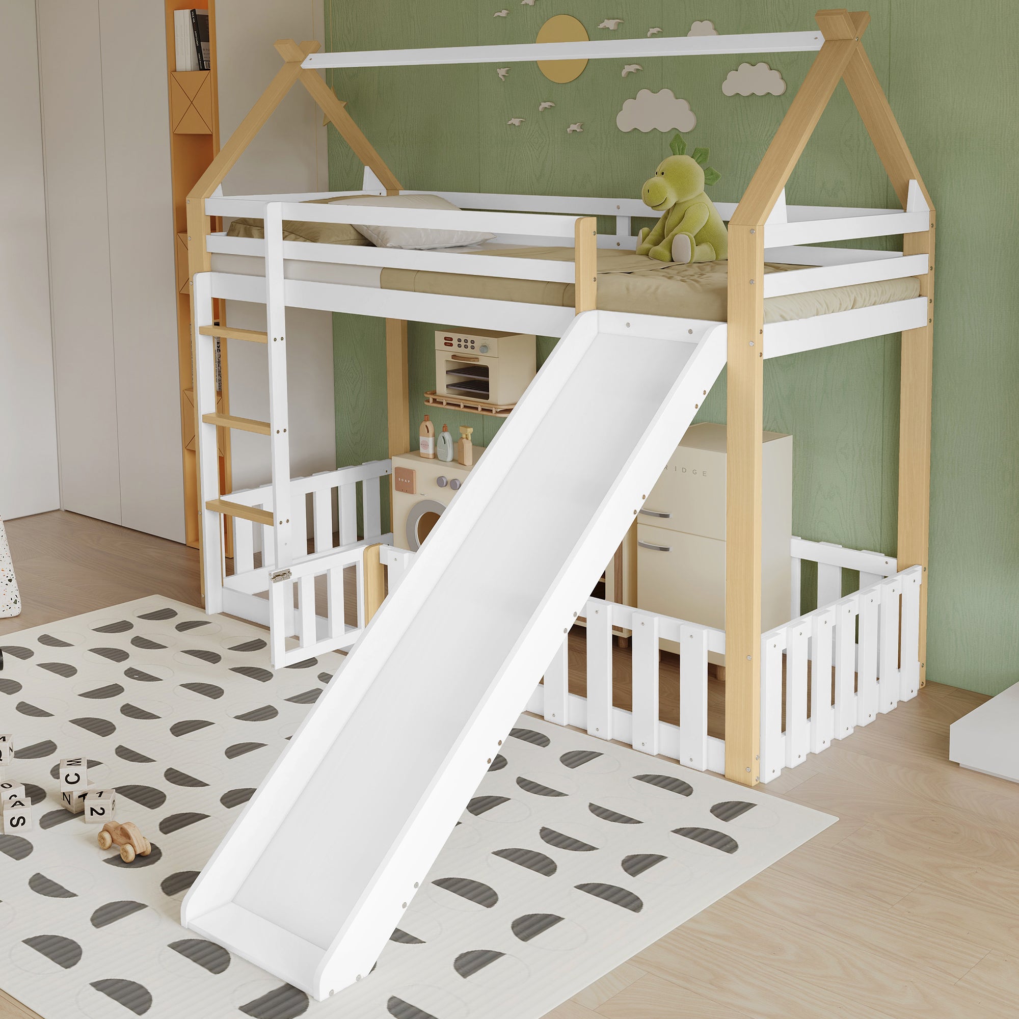 Bunk Bed with Slide & Ladder, Roof Shape, Pine + MDF + Plywood, White + Natural